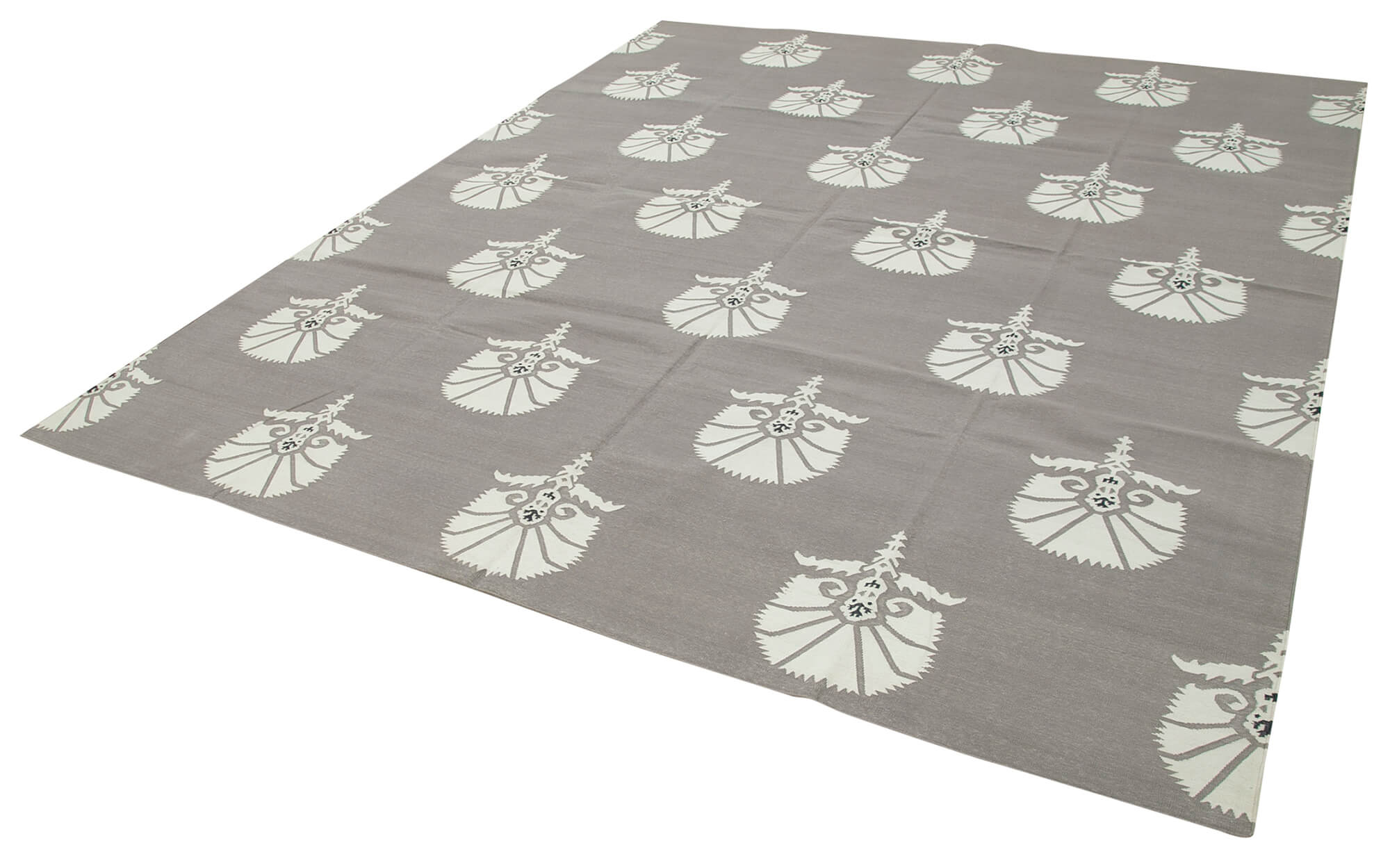 Handmade Wool Area Rug - Grey Geometric Cotton Wool Rug 8'2''x9'9'' | Durable Turkish Hand Woven Carpet