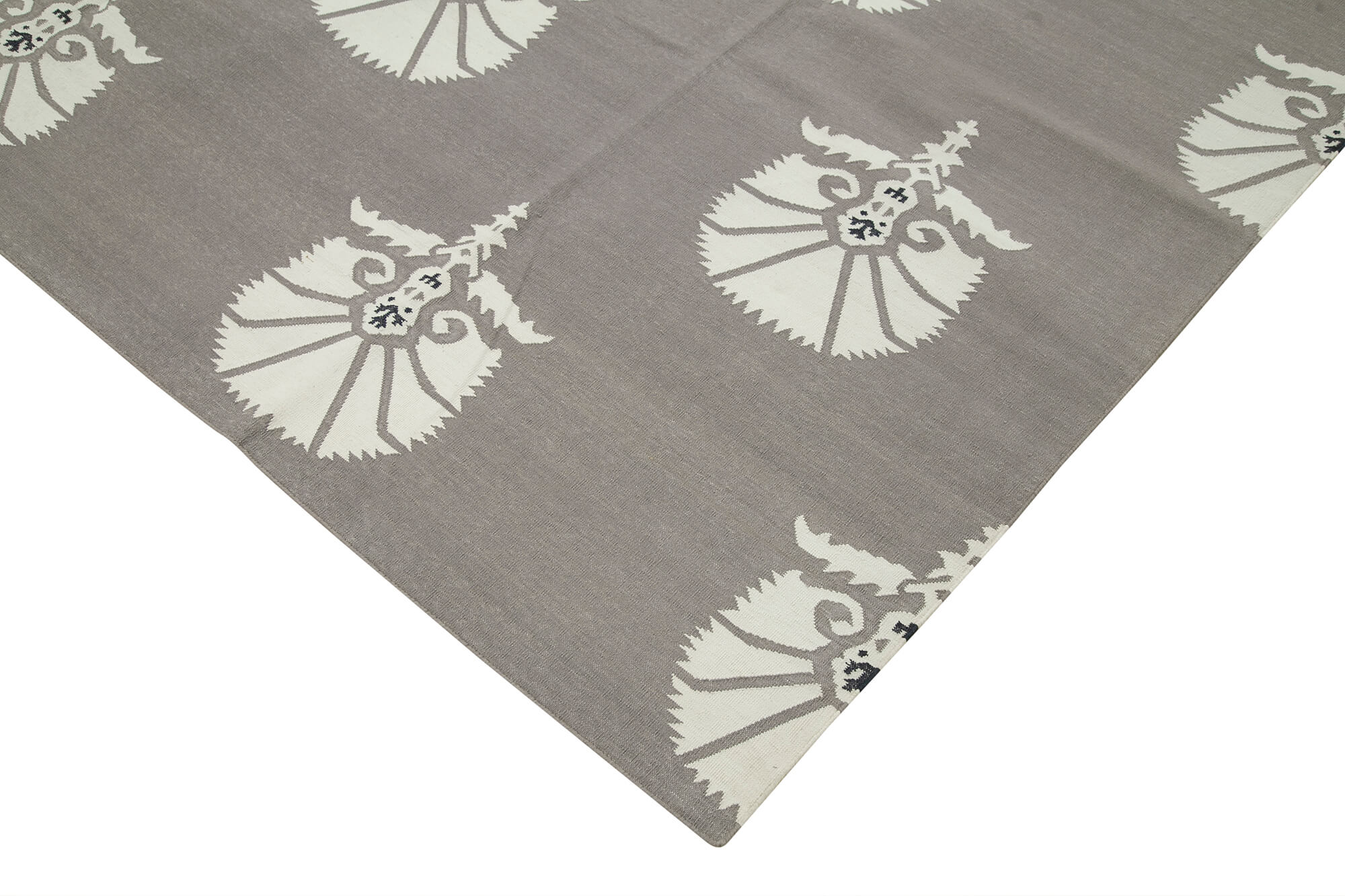Handmade Wool Area Rug - Grey Geometric Cotton Wool Rug 8'2''x9'9'' | Durable Turkish Hand Woven Carpet