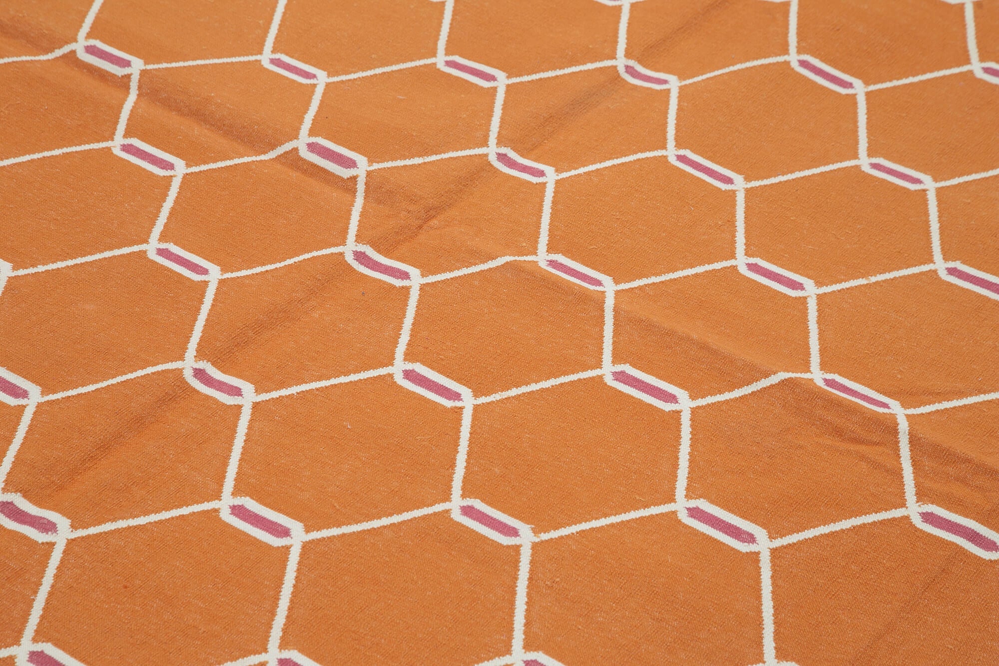 Handmade Wool Area Rug - Orange Geometric Pattern Rug, Cotton Wool Carpet 8'1''x9'8''