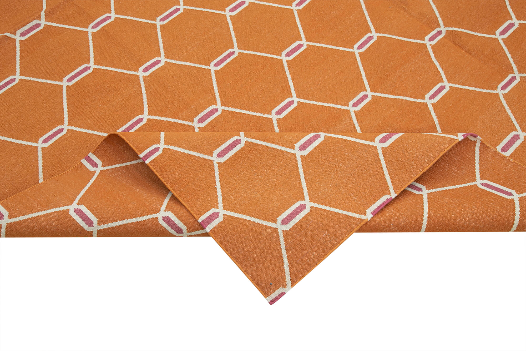 Handmade Wool Area Rug - Orange Geometric Pattern Rug, Cotton Wool Carpet 8'1''x9'8''