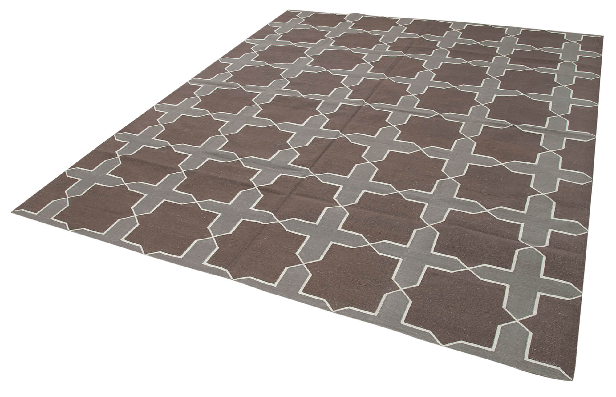 Handmade Wool Area Rug – Brown Geometric Pattern Rug | Durable Cotton Weave Carpet 8'x9'8"
