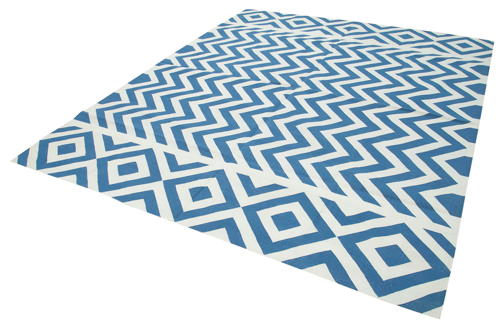 Handmade Wool Area Rug – Blue Geometric Pattern Cotton Wool Rug 7'11" x 9'9"