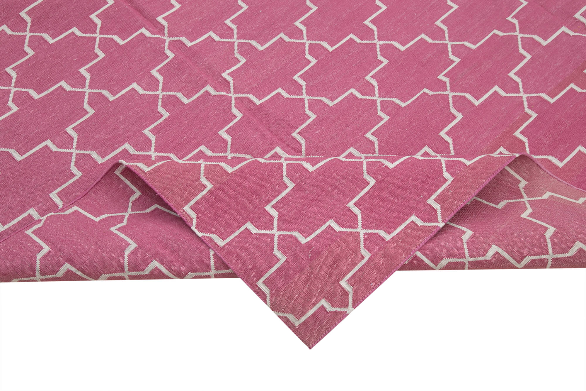 Handmade Area Rug - Pink Geometric Cotton Wool Rug 8'1'' x 9'9'' | Vintage Turkish Carpet