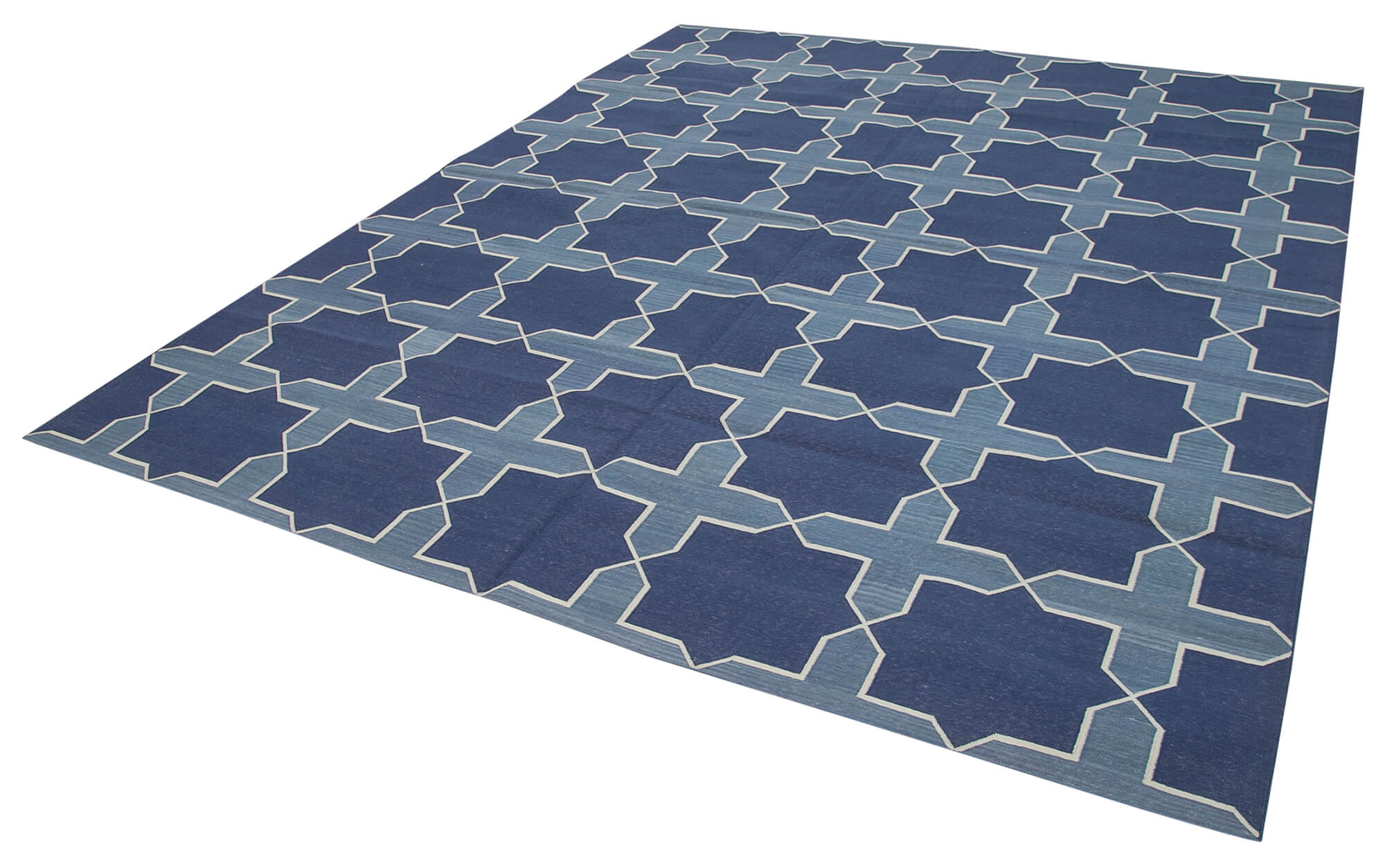 Handmade Area Rug – Blue Geometric Cotton Wool Durable Floor Covering 8'2''x9'10''