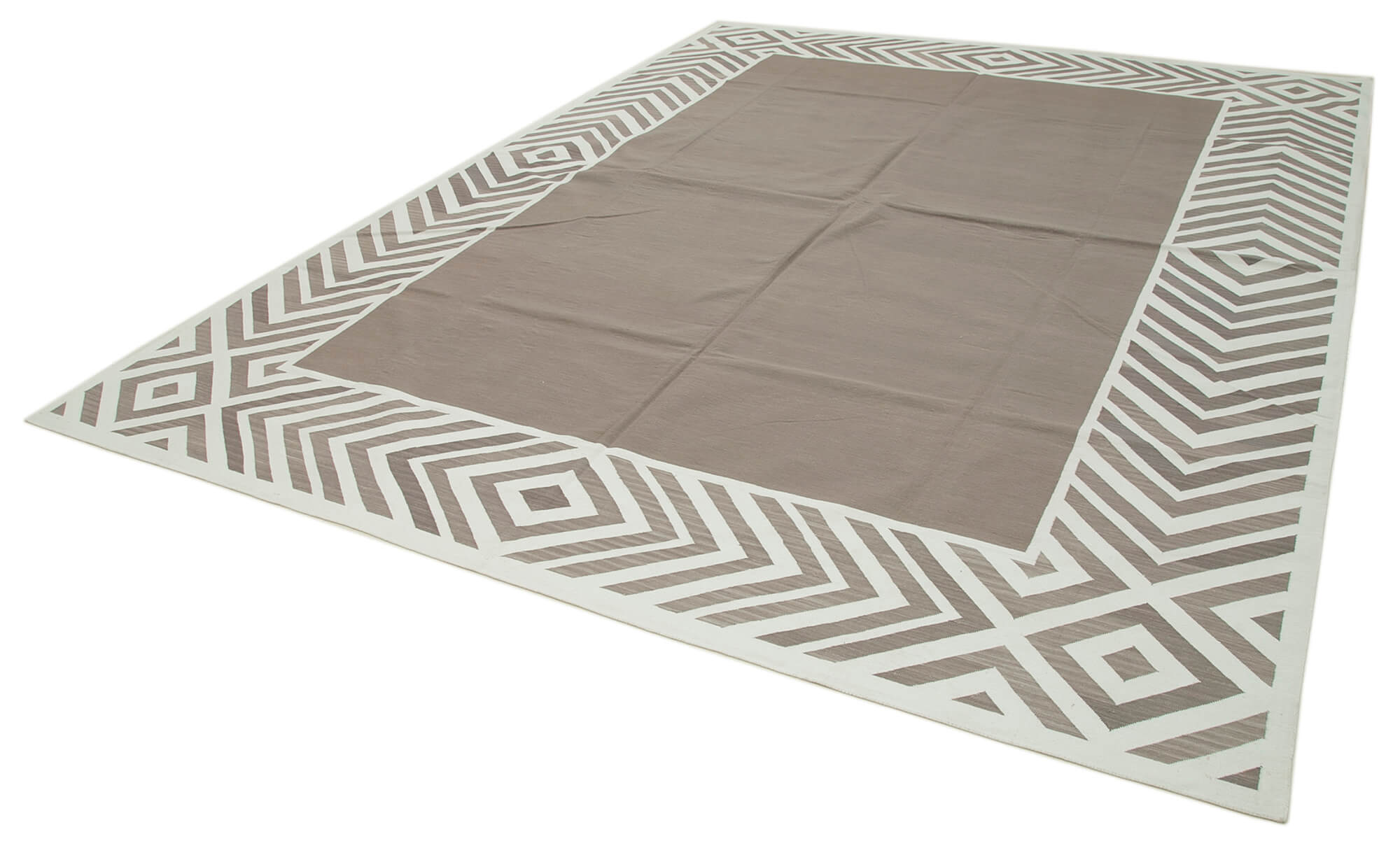 Handmade Wool Area Rug - Brown Geometric Cotton Wool Rug, Hand Woven Carpet 9'2''x12'2''