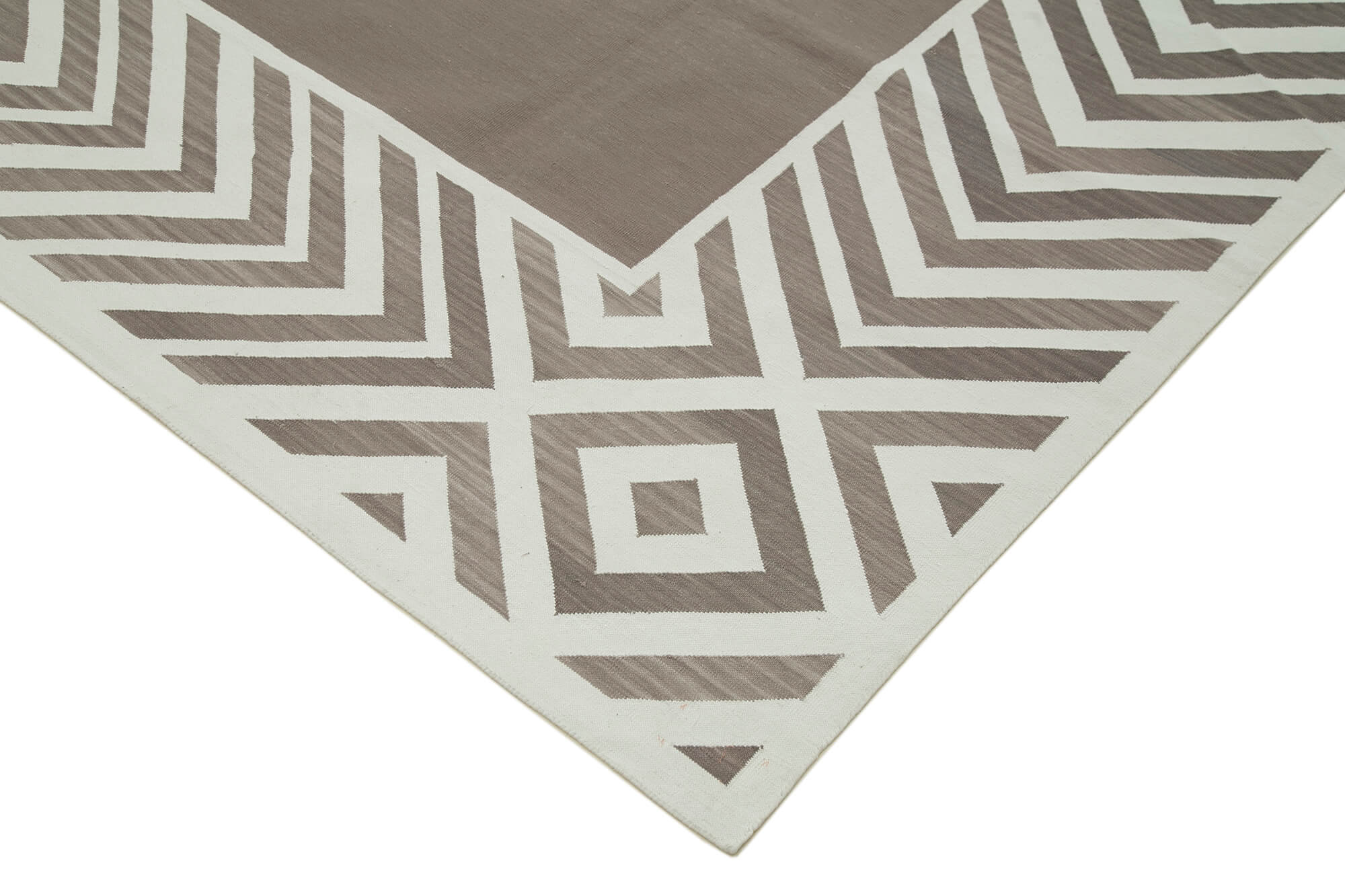 Handmade Wool Area Rug - Brown Geometric Cotton Wool Rug, Hand Woven Carpet 9'2''x12'2''