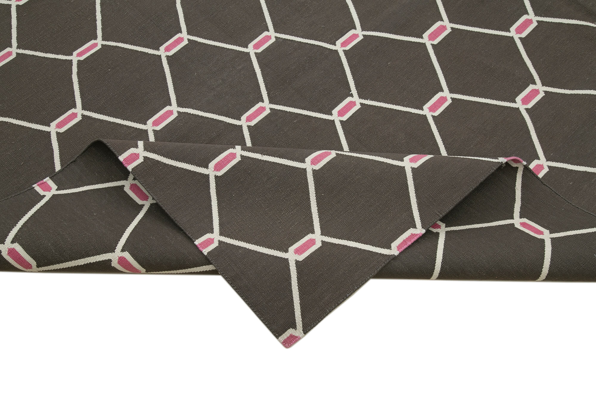 Handmade Area Rug - Brown Geometric Cotton Wool Rug 9'1" x 11'9" Durable Turkish Carpet