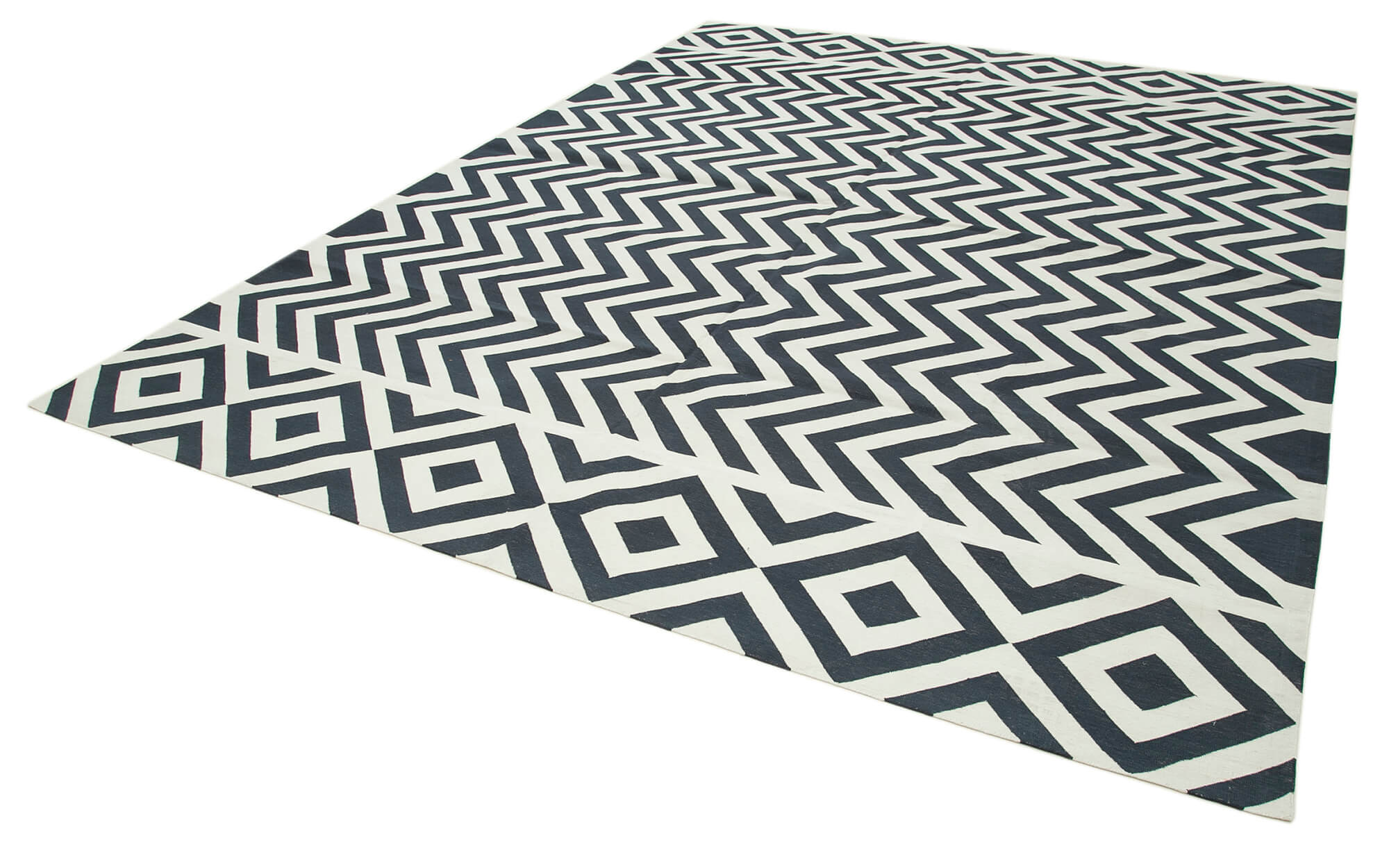 Handmade Area Rug – Black Geometric Cotton Wool Vintage Handwoven Carpet 9'1" x 11'11"