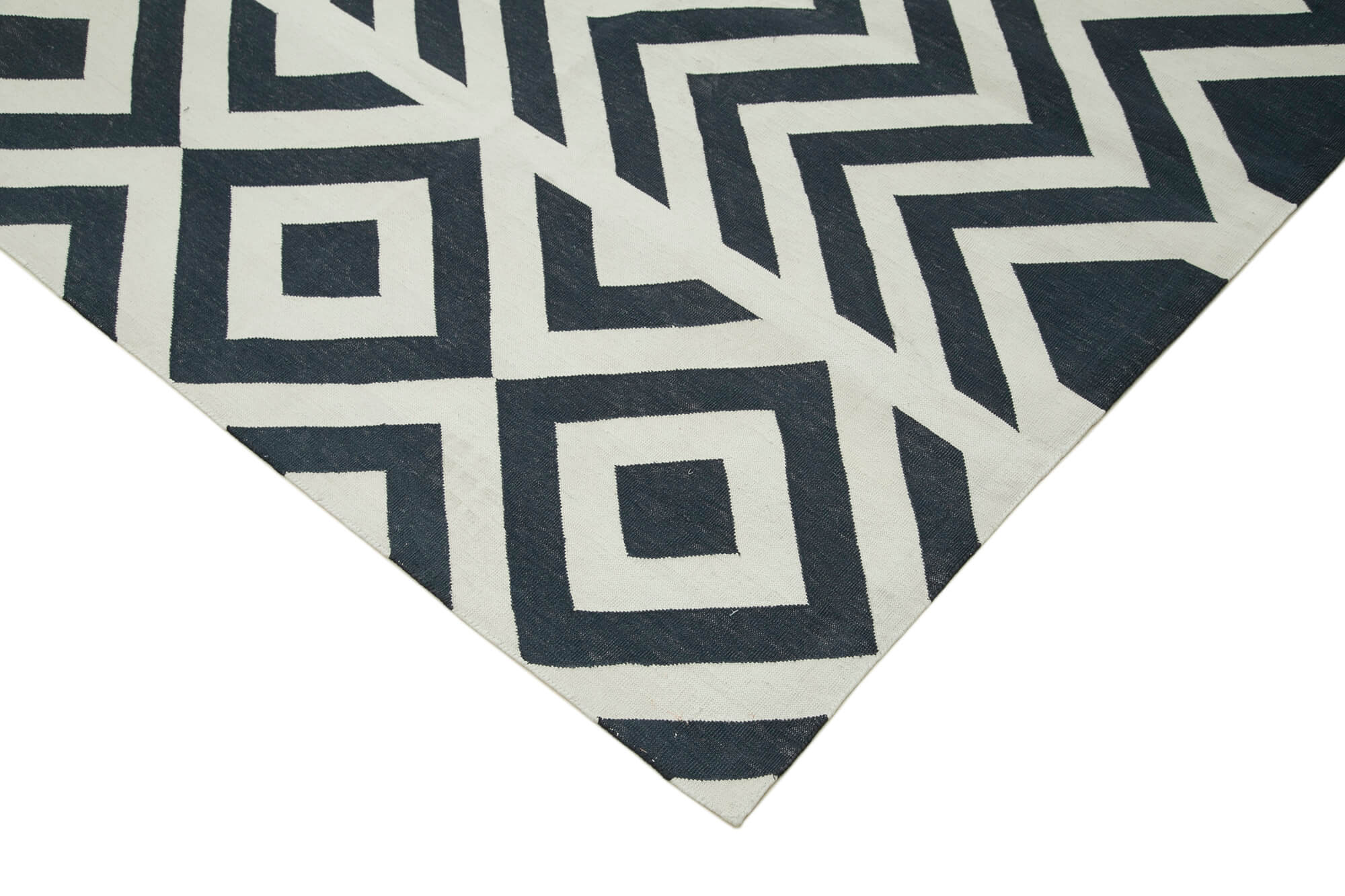 Handmade Area Rug – Black Geometric Cotton Wool Vintage Handwoven Carpet 9'1" x 11'11"