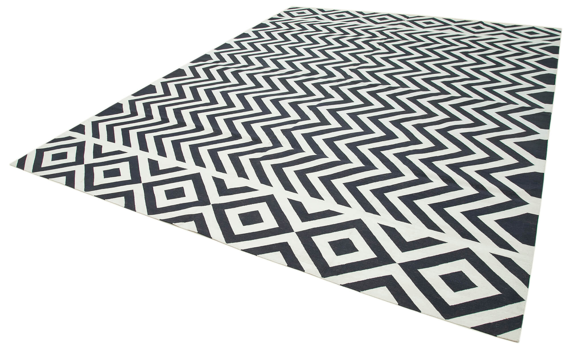 Handmade Area Rug - Black Geometric Cotton Wool Vintage Handwoven Carpet 9'5''x12'