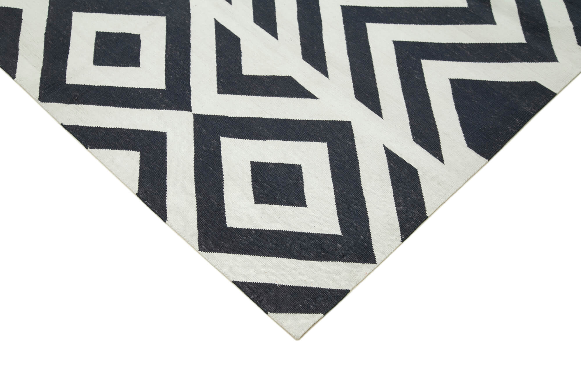 Handmade Area Rug - Black Geometric Cotton Wool Vintage Handwoven Carpet 9'5''x12'