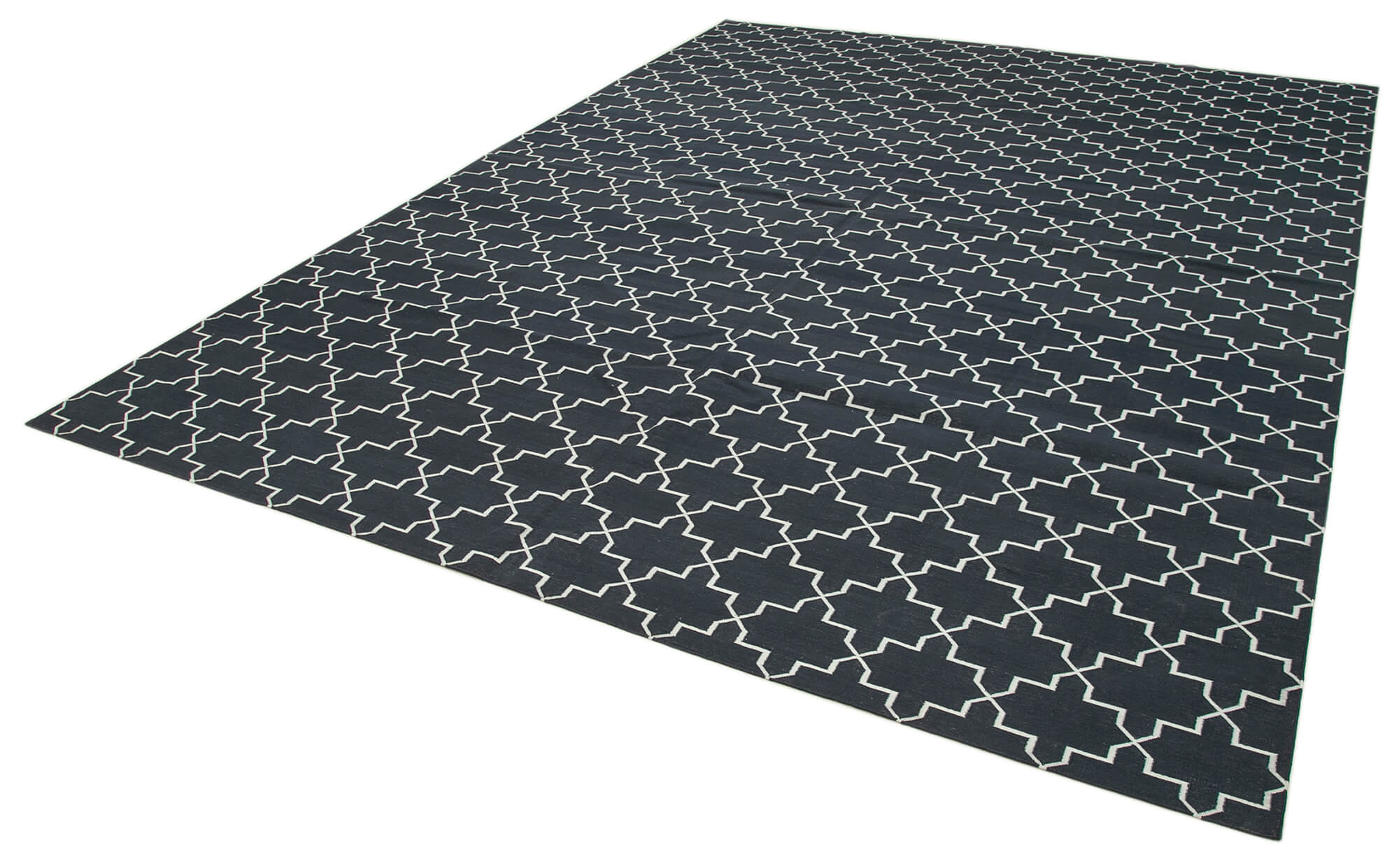 Handmade Area Rug – Black Geometric Cotton Wool Vintage Handwoven Carpet 9'2" x 12'0"
