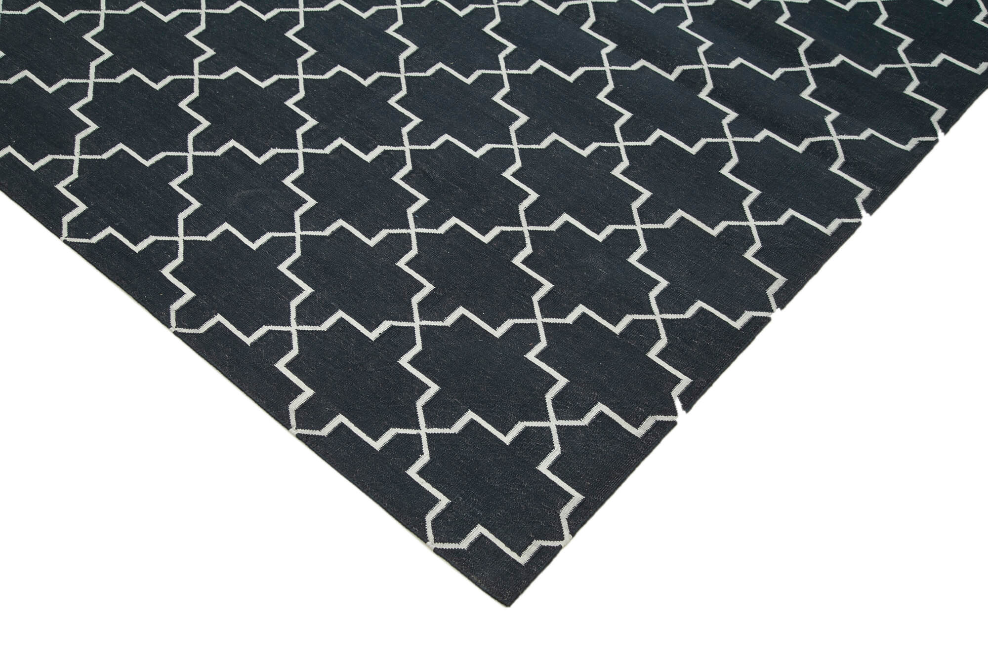 Handmade Area Rug – Black Geometric Cotton Wool Vintage Handwoven Carpet 9'2" x 12'0"