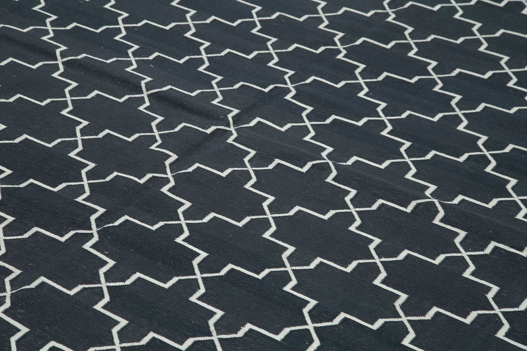 Handmade Area Rug – Black Geometric Cotton Wool Vintage Handwoven Carpet 9'2" x 12'0"