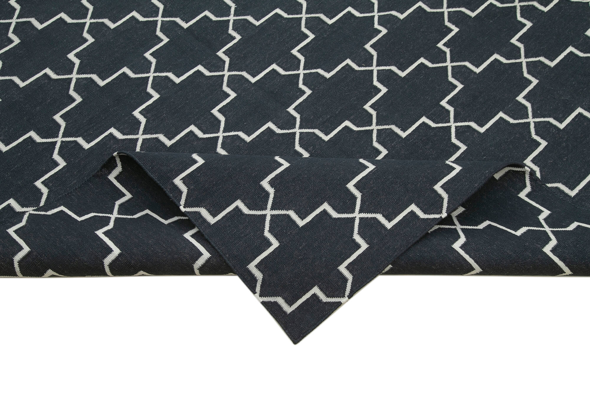 Handmade Area Rug – Black Geometric Cotton Wool Vintage Handwoven Carpet 9'2" x 12'0"