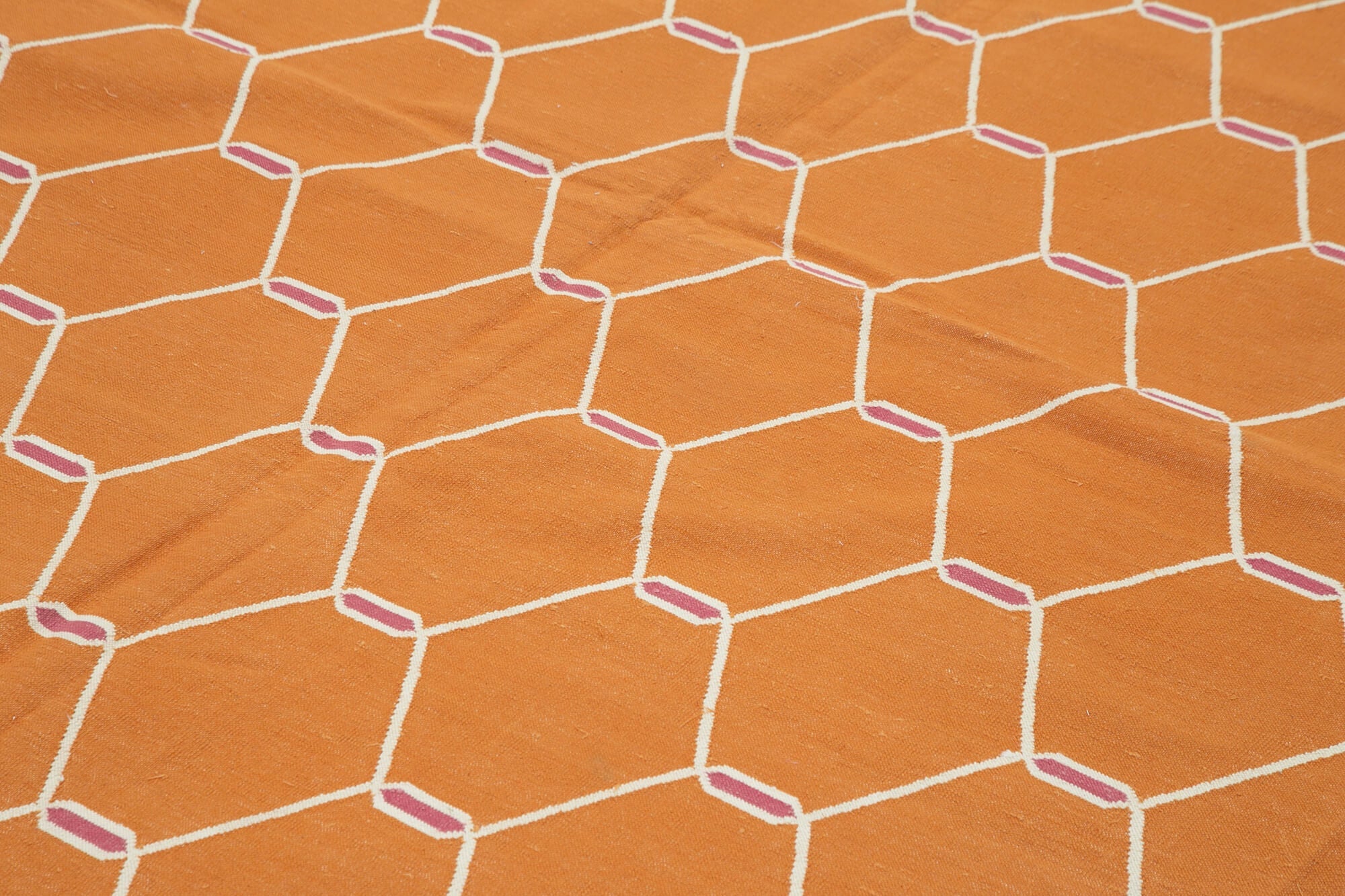 Handmade Area Rug - Orange Geometric Cotton Wool Vintage Handwoven Carpet 8'11"x11'11"
