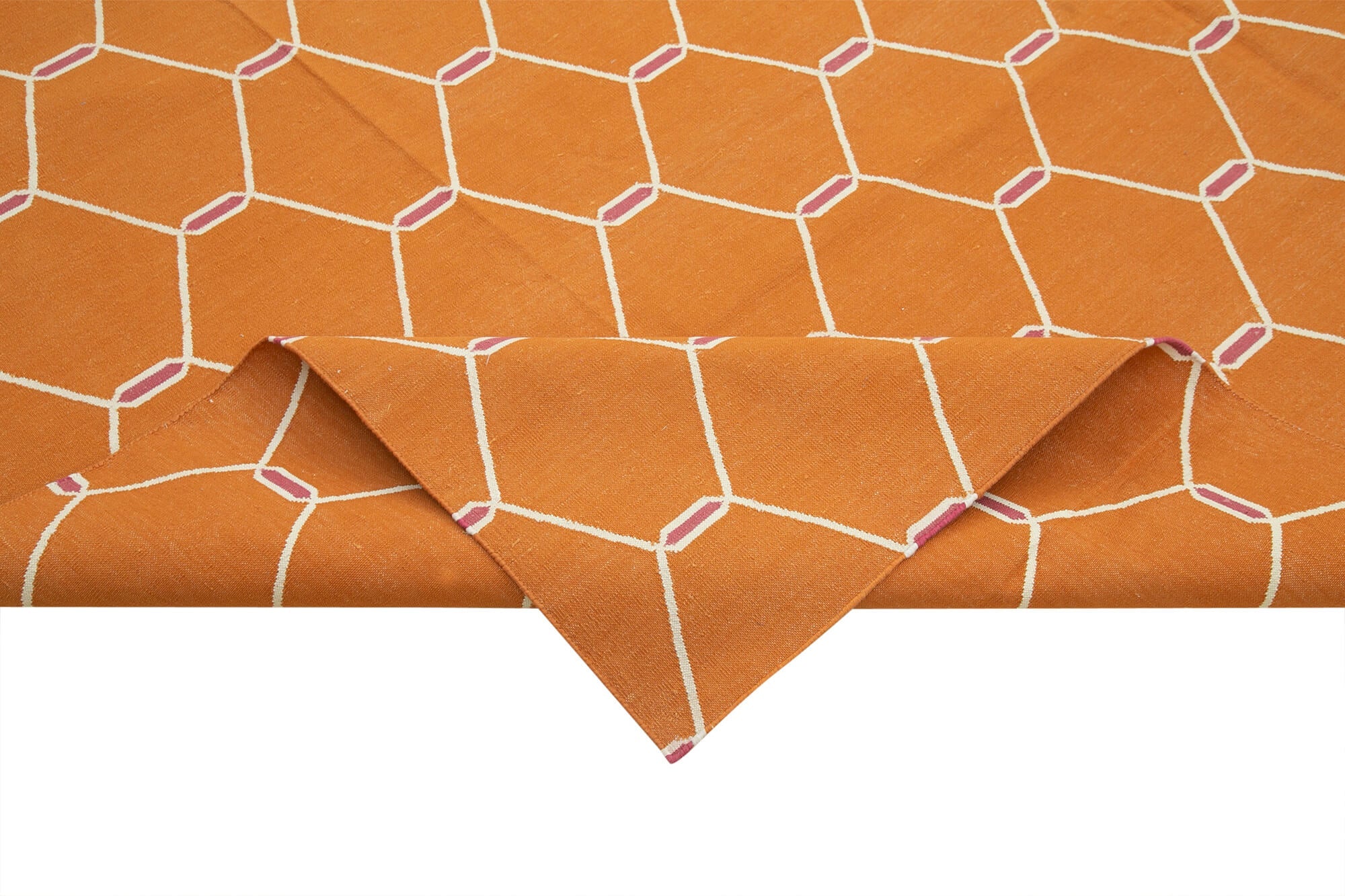 Handmade Area Rug - Orange Geometric Cotton Wool Vintage Handwoven Carpet 8'11"x11'11"