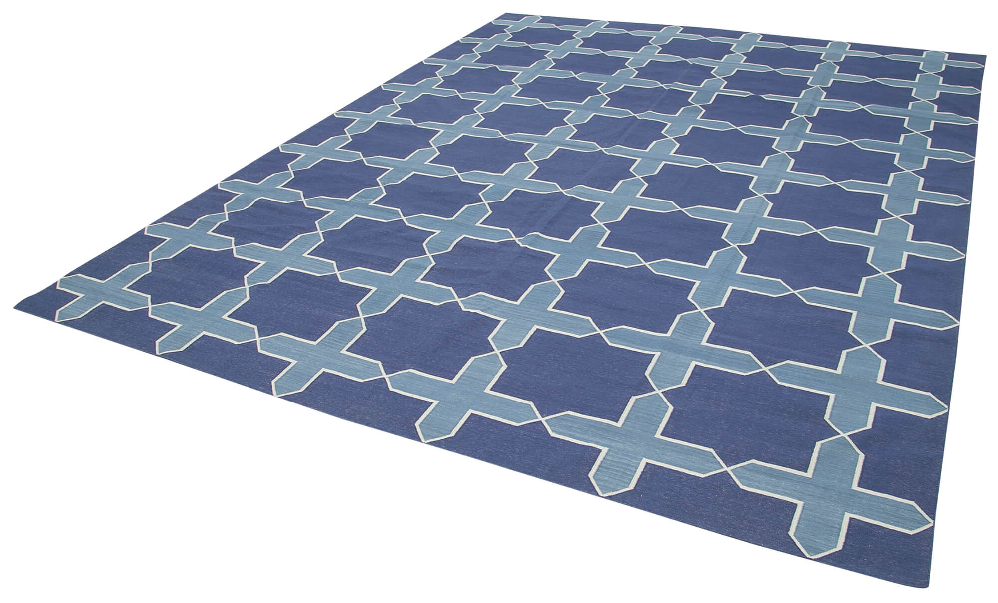 Handmade Area Rug – Blue Geometric Cotton Wool Carpet 9'2'' x 11'9'' for Living Room