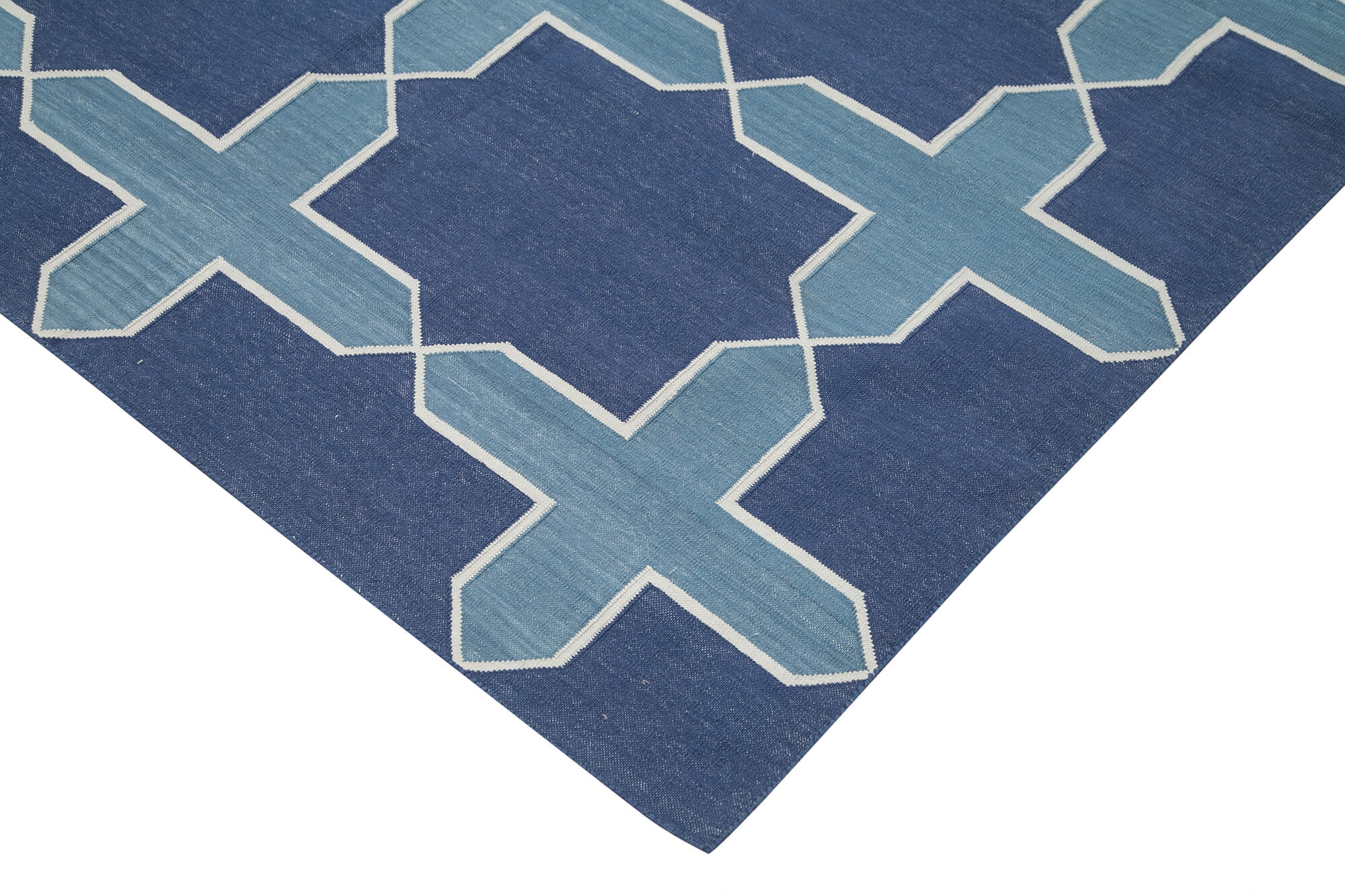 Handmade Area Rug – Blue Geometric Cotton Wool Carpet 9'2'' x 11'9'' for Living Room