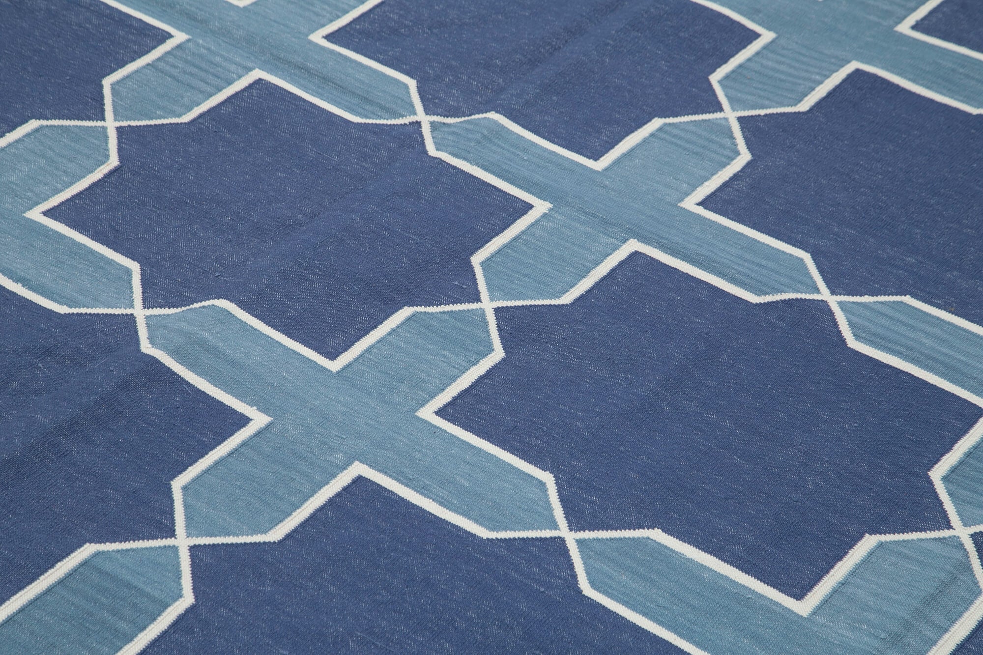 Handmade Area Rug – Blue Geometric Cotton Wool Carpet 9'2'' x 11'9'' for Living Room