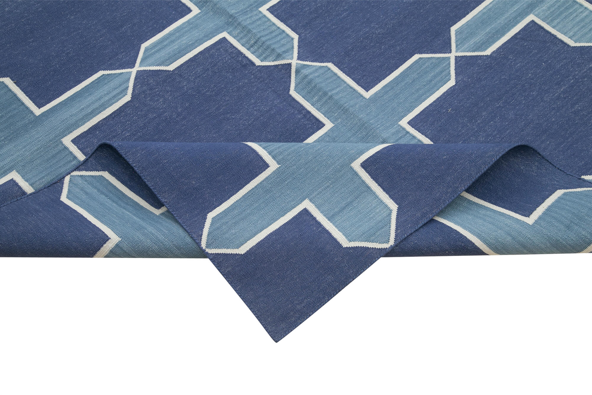 Handmade Area Rug – Blue Geometric Cotton Wool Carpet 9'2'' x 11'9'' for Living Room