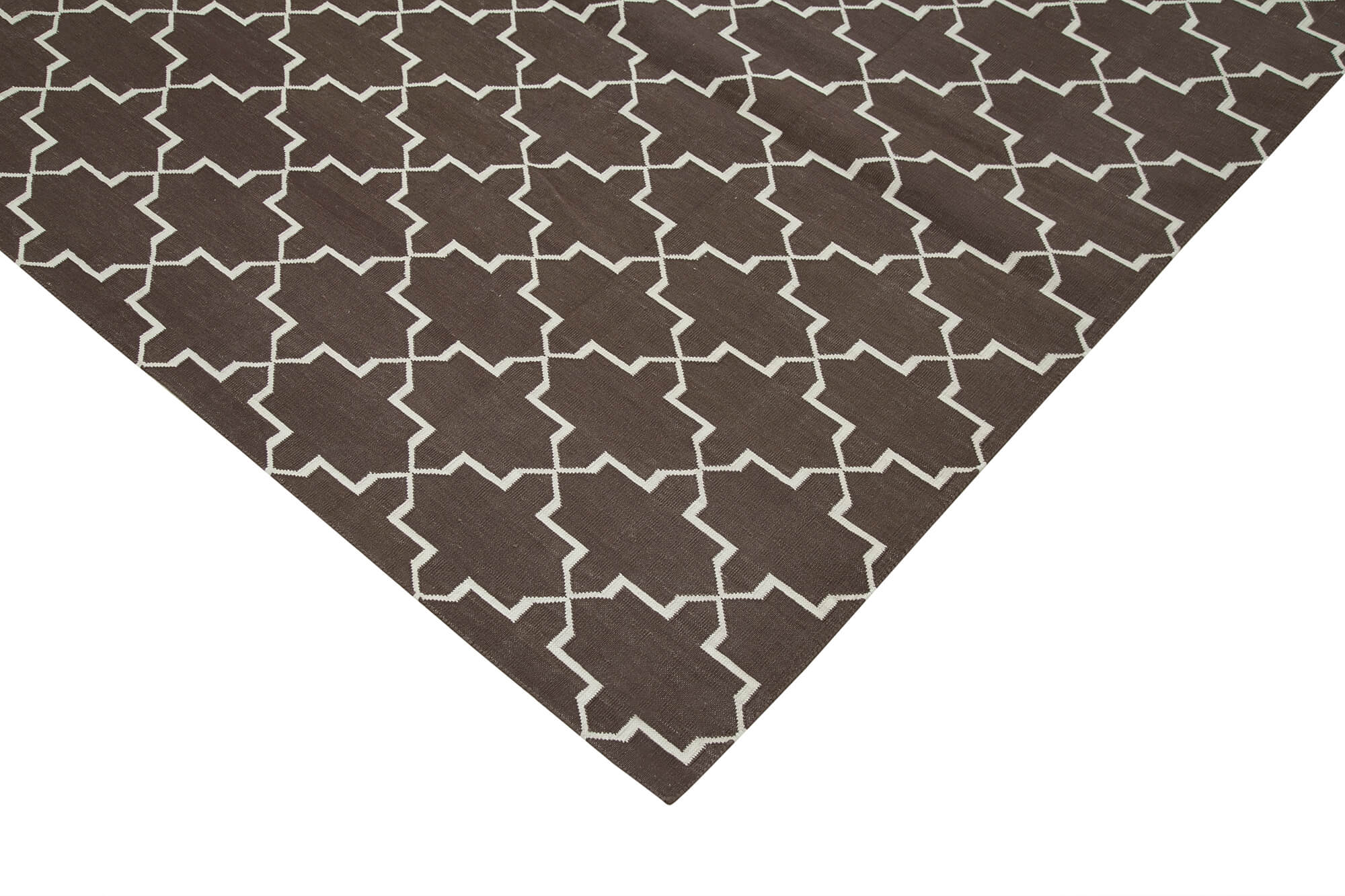 Handmade Area Rug - Brown Geometric Cotton Wool Vintage Hand Woven Carpet 9'3" x 11'11"