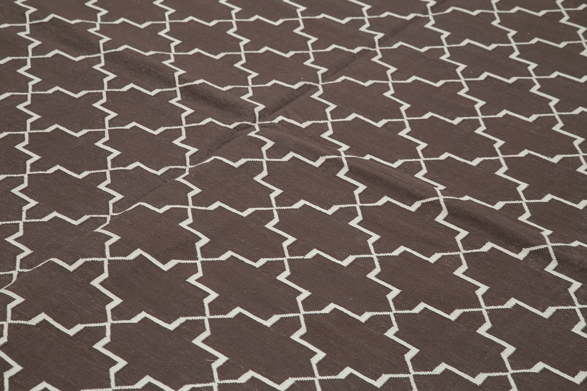 Handmade Area Rug - Brown Geometric Cotton Wool Vintage Hand Woven Carpet 9'3" x 11'11"