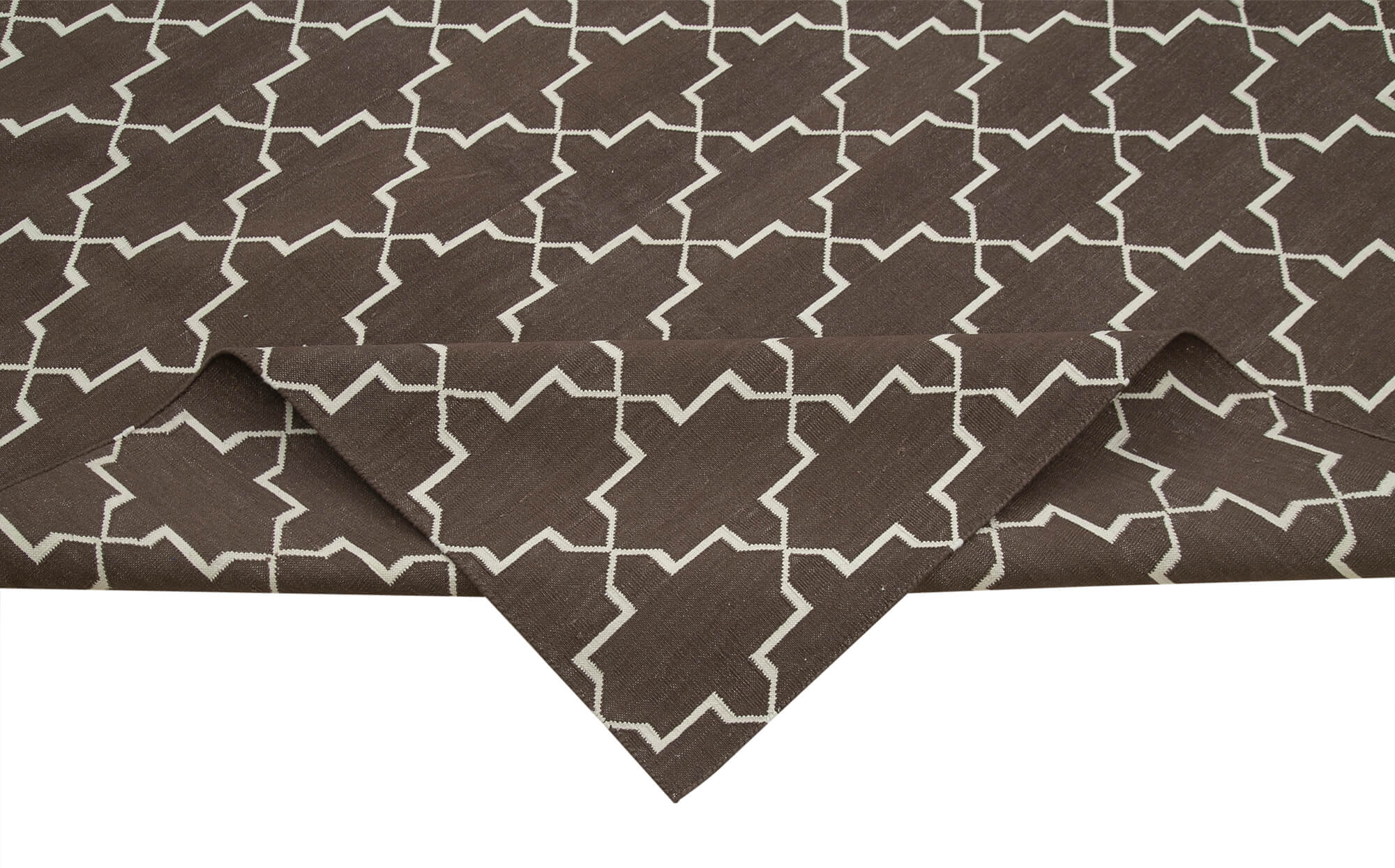 Handmade Area Rug - Brown Geometric Cotton Wool Vintage Hand Woven Carpet 9'3" x 11'11"
