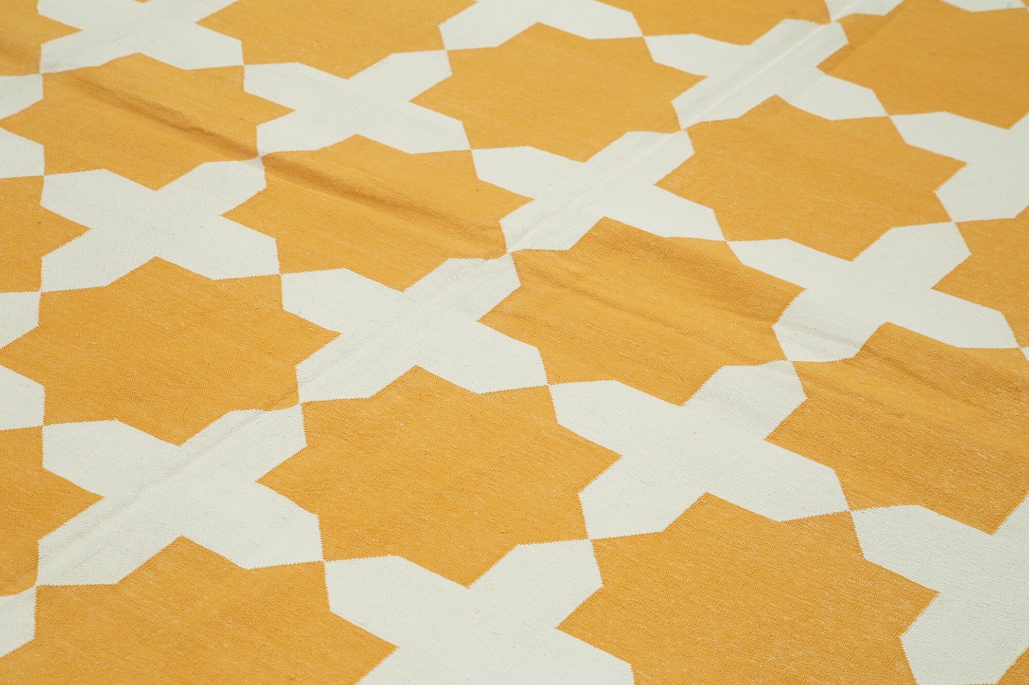 Handmade Area Rug - Yellow Geometric Cotton Wool Rug 9'2" x 11'9" | Vintage Handwoven Carpet