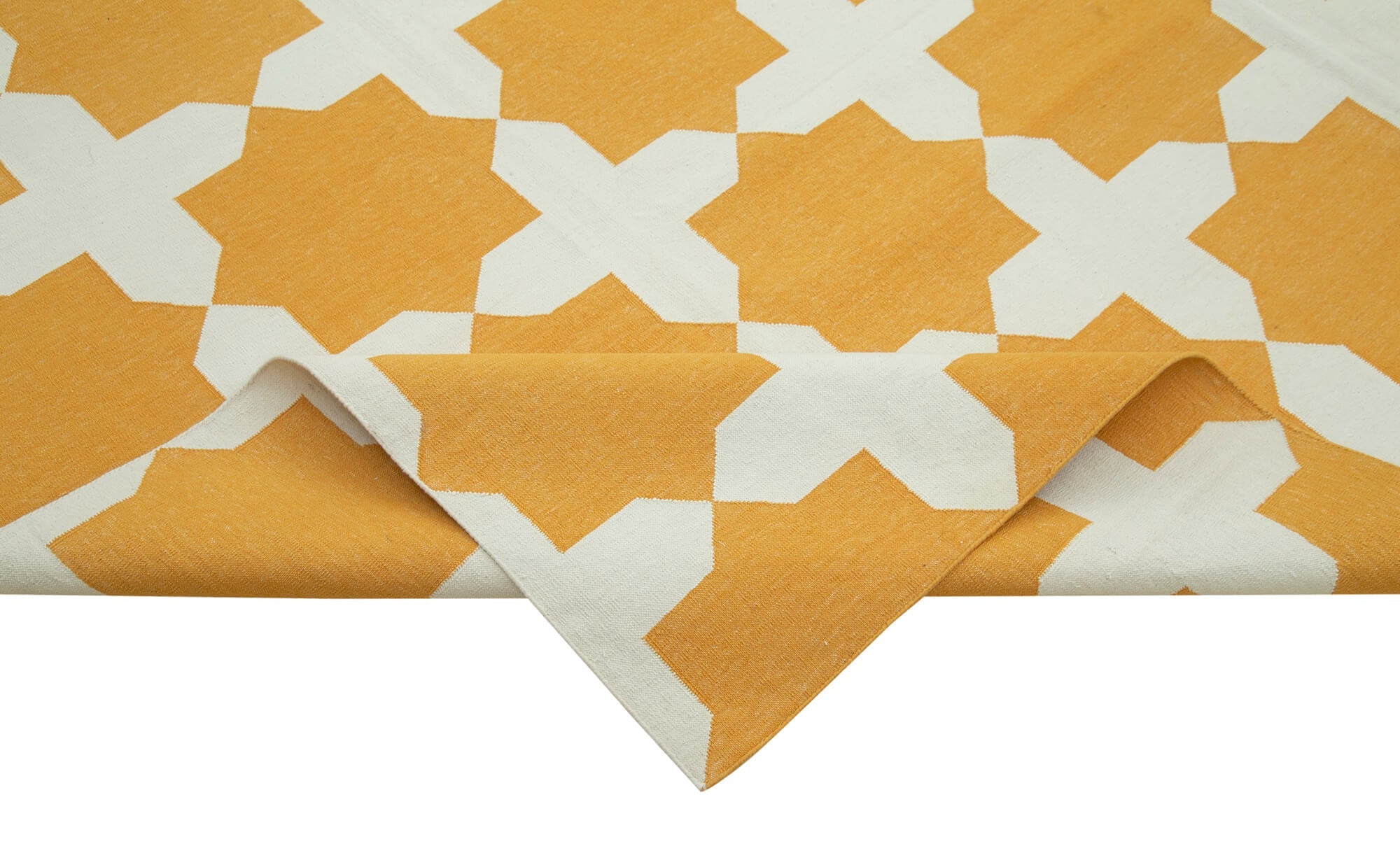 Handmade Area Rug - Yellow Geometric Cotton Wool Rug 9'2" x 11'9" | Vintage Handwoven Carpet