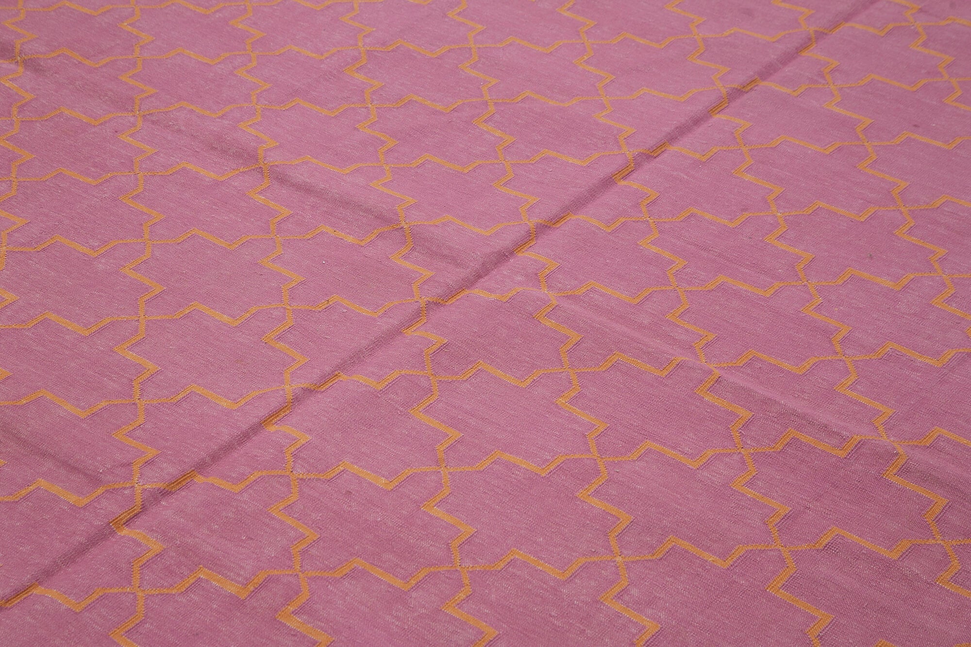 Handmade Area Rug - Pink Geometric Wool & Cotton Vintage Turkish Carpet 9'1" x 11'9"