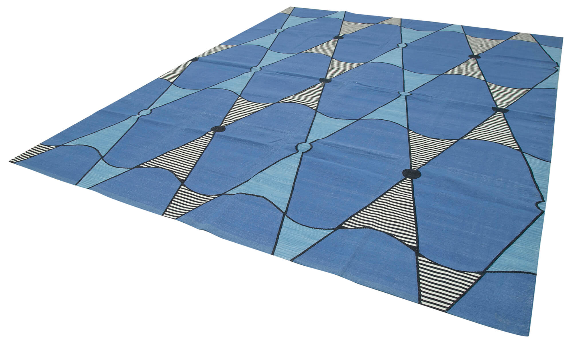 Handmade Area Rug – Blue Geometric Cotton Wool Vintage Turkish Carpet 9'3" x 11'9"