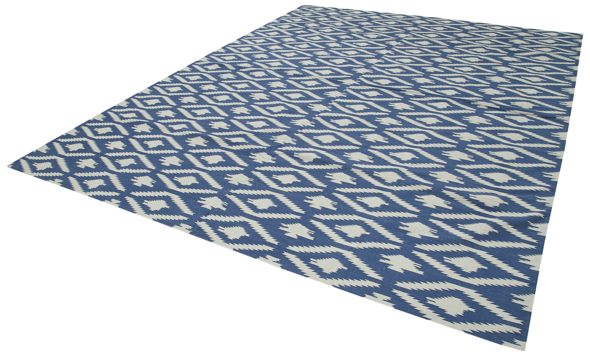 Handmade Area Rug - Blue Geometric Cotton Wool Turkish Hand Knotted Carpet 9'3" x 11'11"