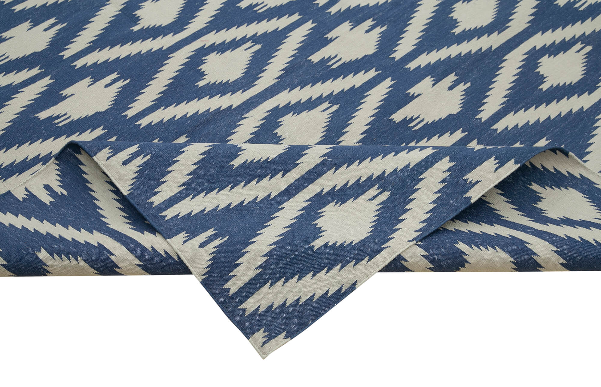 Handmade Area Rug - Blue Geometric Cotton Wool Turkish Hand Knotted Carpet 9'3" x 11'11"