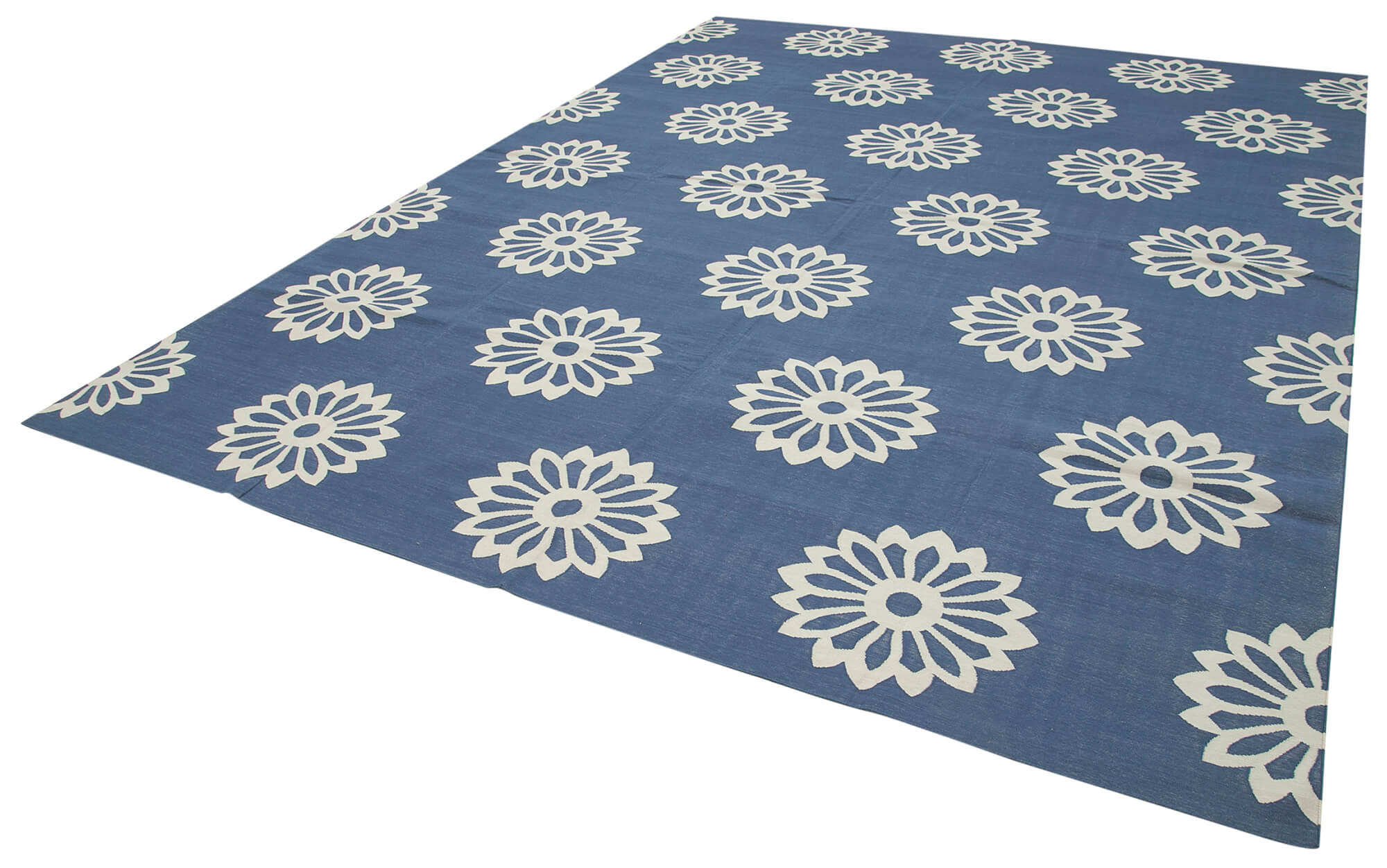 Handmade Area Rug – Blue Geometric Cotton Wool Turkish Vintage Carpet 9'1" x 11'11"