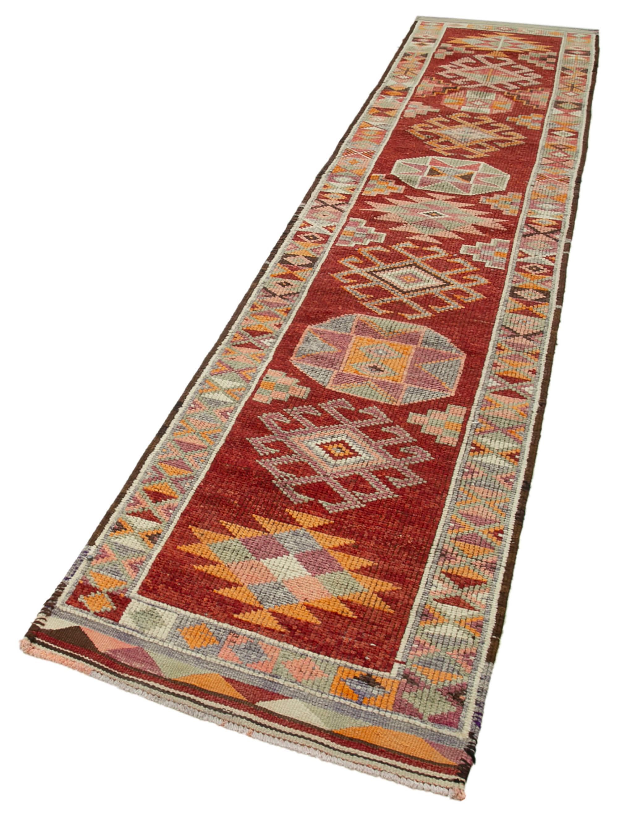 Vintage Handmade Area Rug – Hand Knotted Turkish Red Wool Runner 2'7''x12'7''