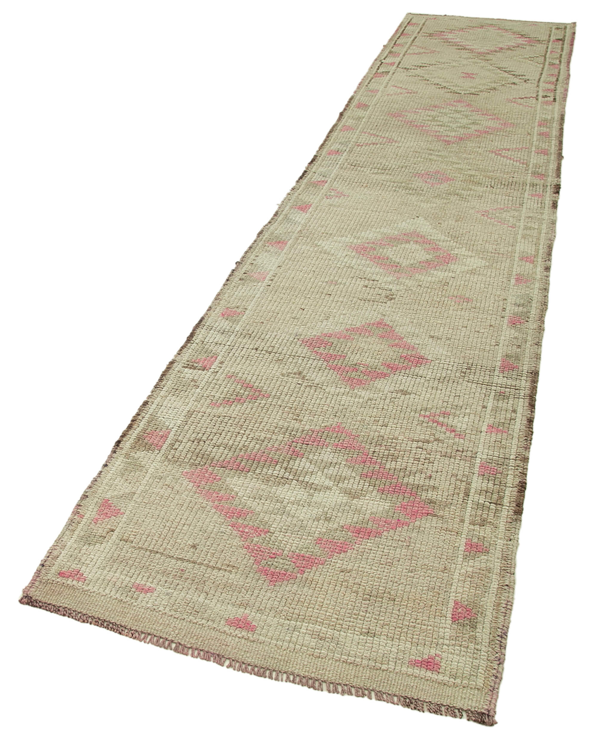 Handmade Vintage Area Rug – Beige Cotton Wool Rug 2'11'' x 13'5'' | Turkish Wool Carpet