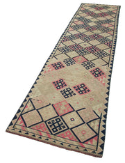 Handmade Wool Area Rug - Vintage Cotton Rug Beige Runner 2'9''x12'4'' Durable Soft Wool