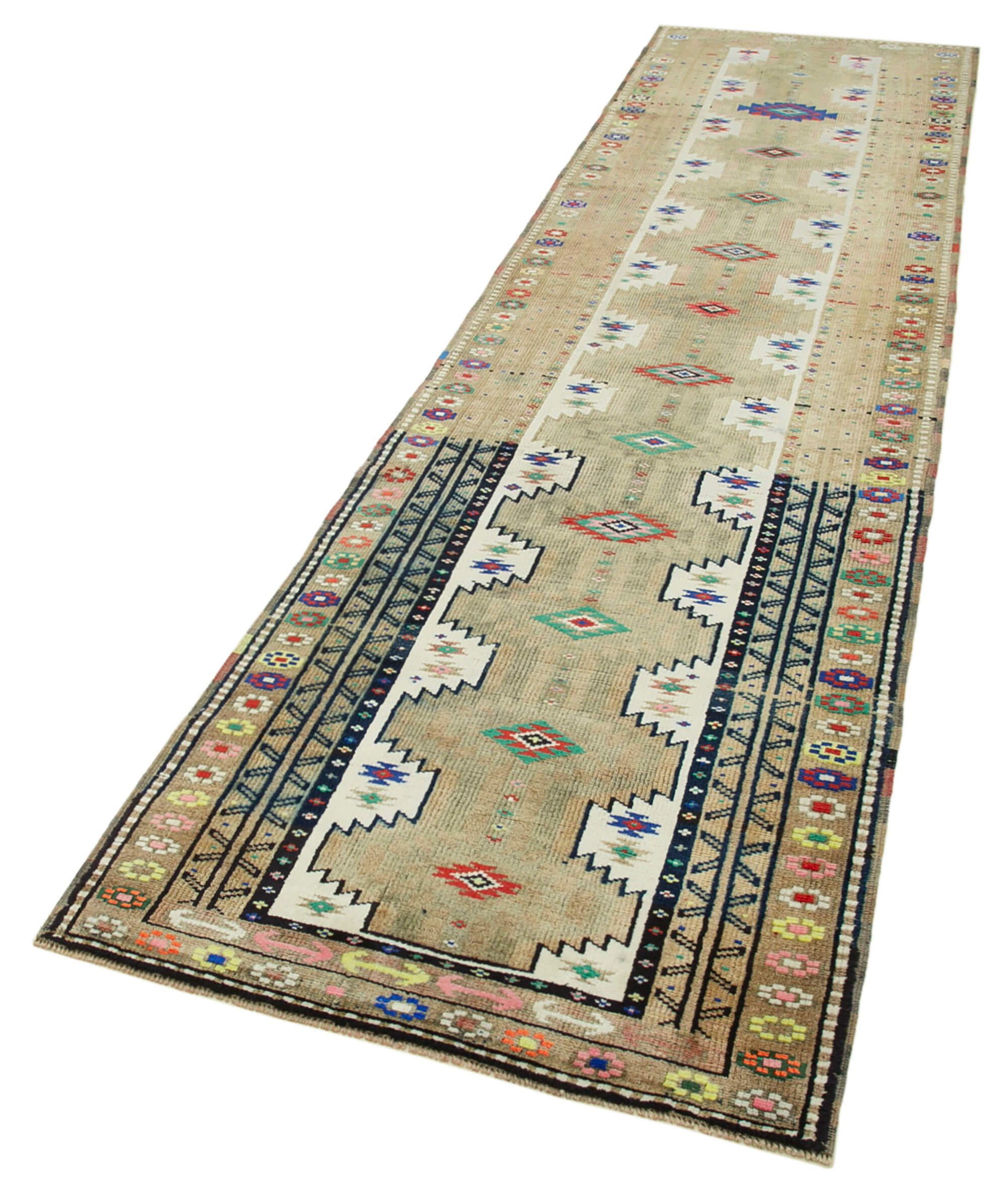Handmade Area Rug – Vintage Cotton Wool Long Runner Rug 3'1" x 12'1" Beige