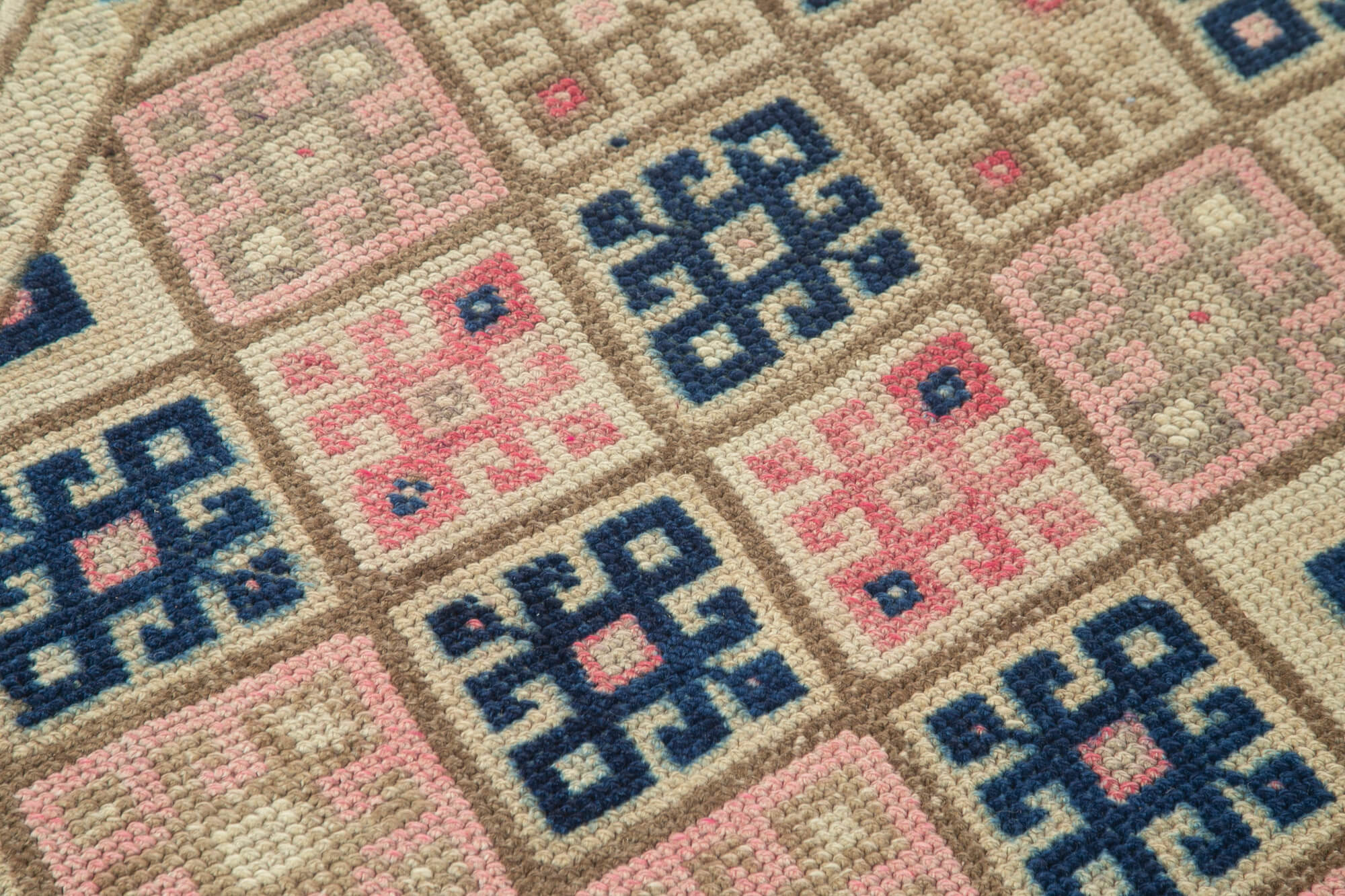 Vintage Handmade Area Rug - Beige Cotton Wool Rug 2'11'' x 11'7'' | Hand Woven Carpet