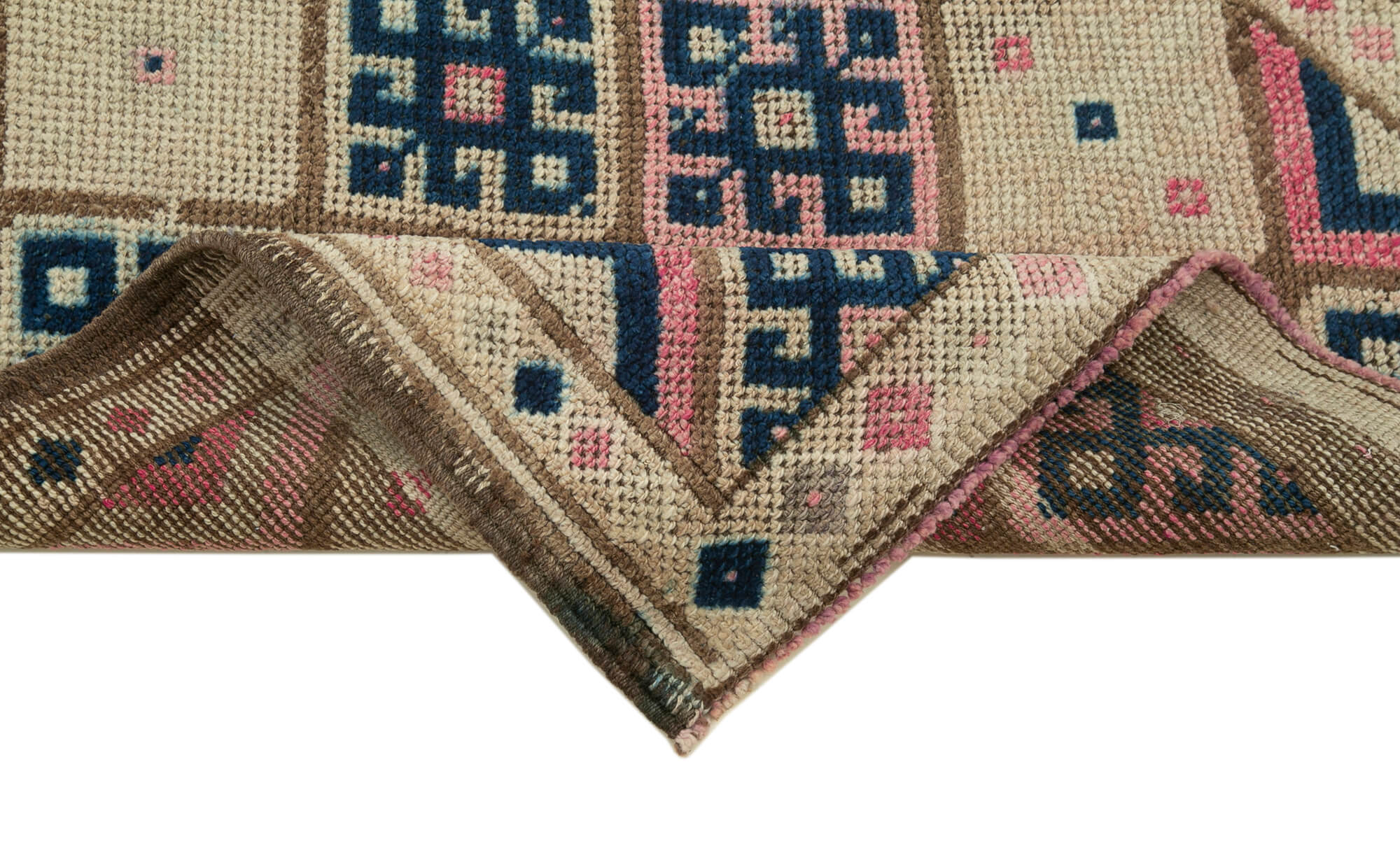 Vintage Handmade Area Rug - Beige Cotton Wool Rug 2'11'' x 11'7'' | Hand Woven Carpet