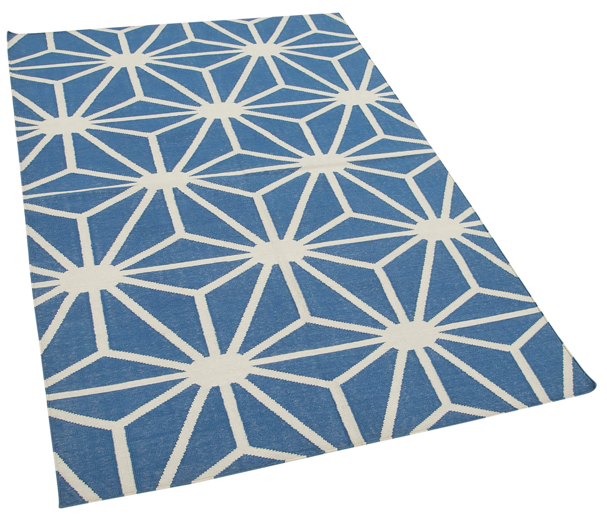Handmade Area Rug - Blue Geometric Cotton Wool Vintage Handwoven Carpet 3'8''x5'6''