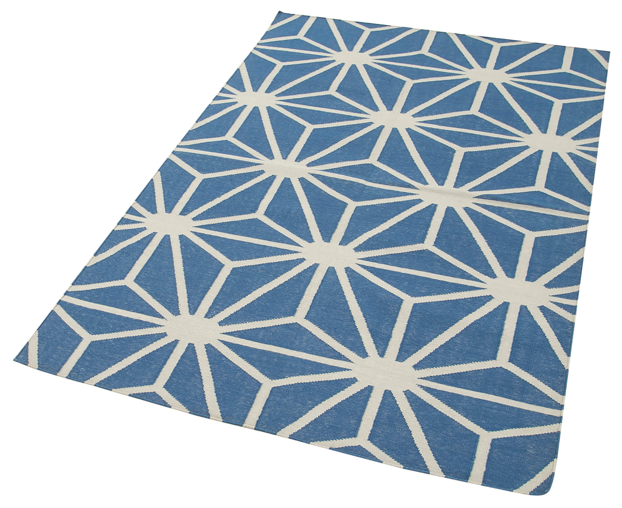 Handmade Area Rug - Blue Geometric Cotton Wool Vintage Handwoven Carpet 3'8''x5'6''