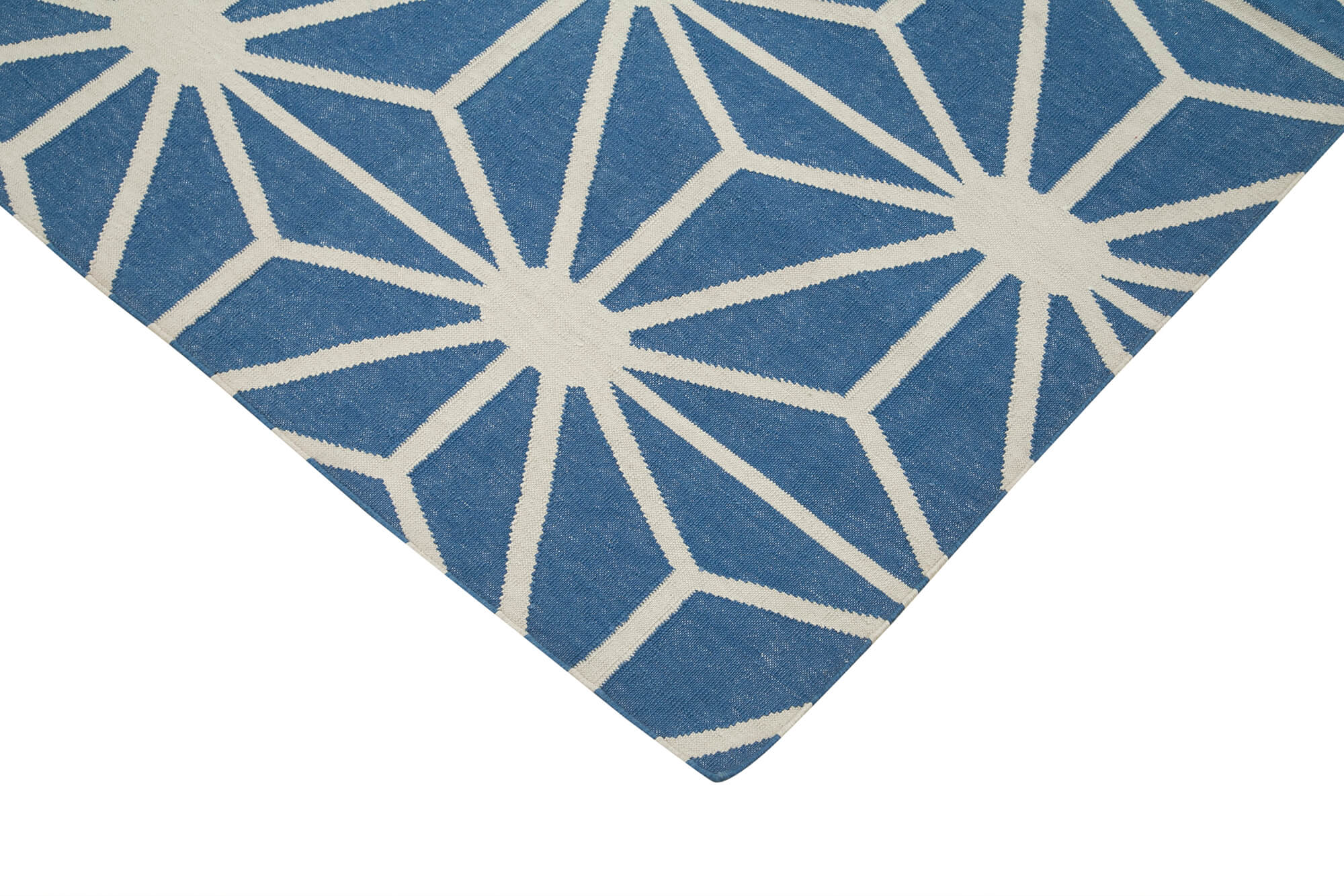 Handmade Area Rug - Blue Geometric Cotton Wool Vintage Handwoven Carpet 3'8''x5'6''