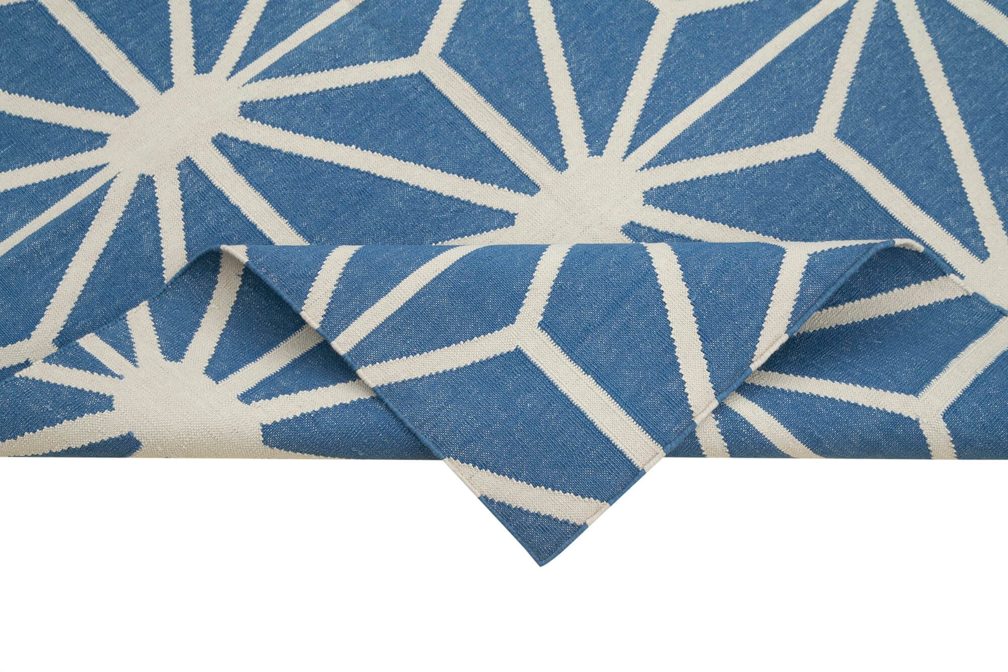 Handmade Area Rug - Blue Geometric Cotton Wool Vintage Handwoven Carpet 3'8''x5'6''