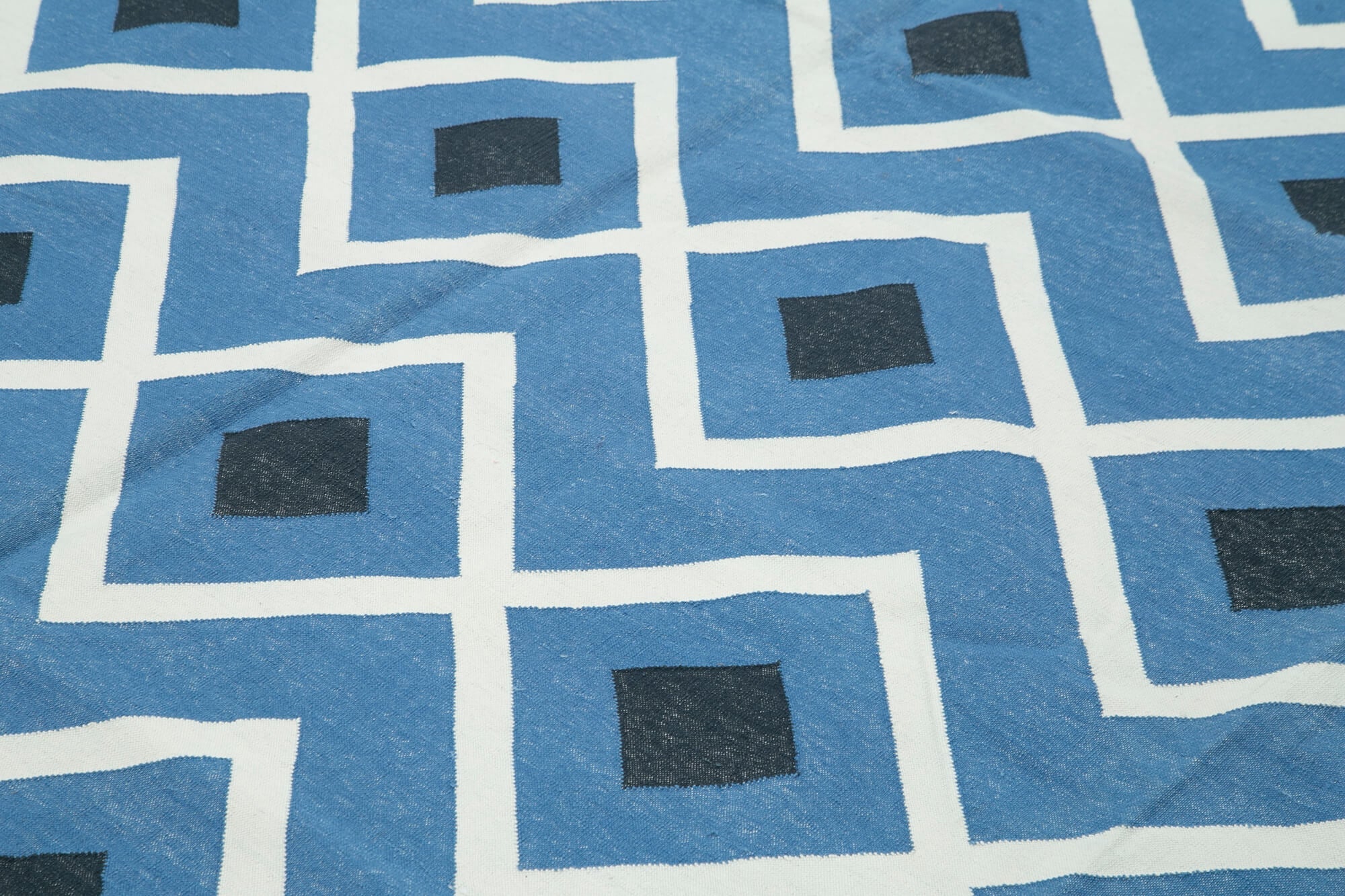 Handmade Wool Area Rug - Blue Geometric Pattern Rug 9'11''x13'7'' Durable Cotton Wool