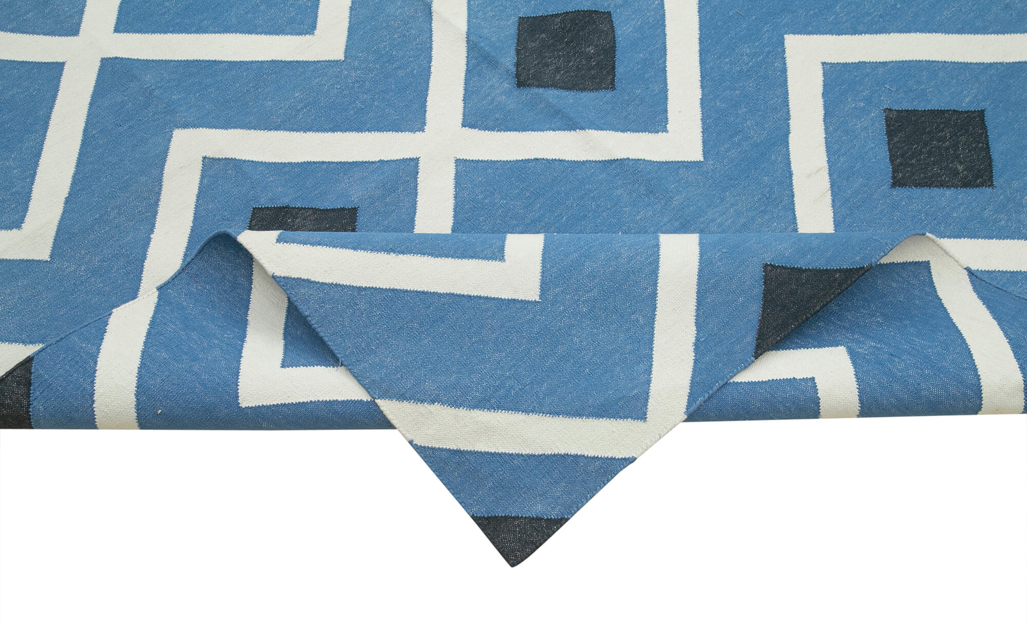 Handmade Wool Area Rug - Blue Geometric Pattern Rug 9'11''x13'7'' Durable Cotton Wool