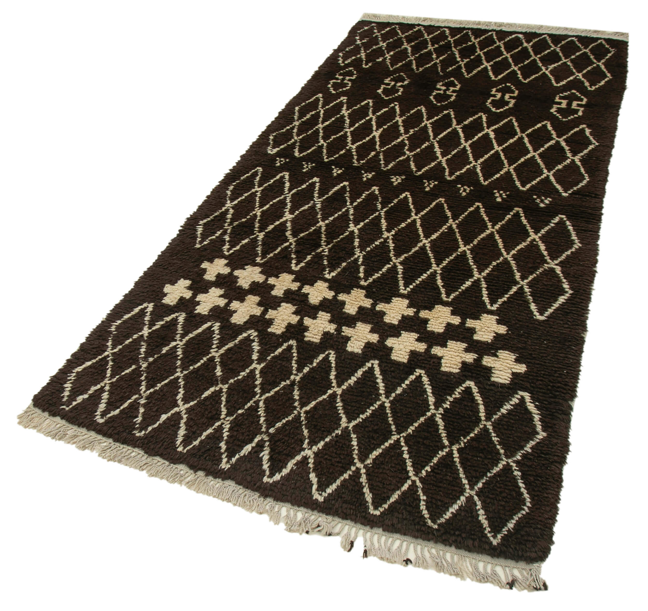 Handmade Wool Cotton Rug - Brown Geometric Pattern | Durable Turkish Carpet 3'11''x8'1''