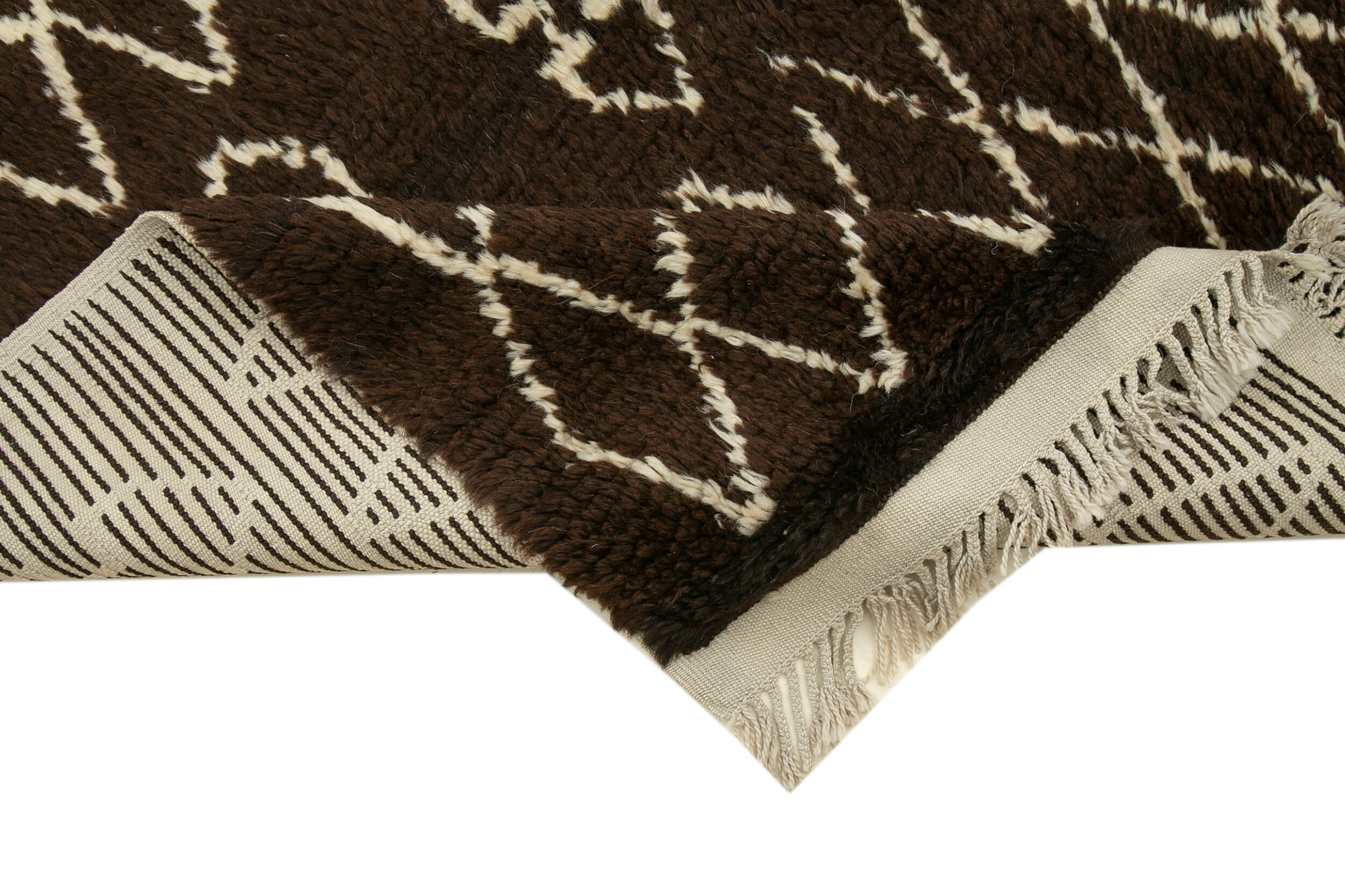 Handmade Wool Cotton Rug - Brown Geometric Pattern | Durable Turkish Carpet 3'11''x8'1''
