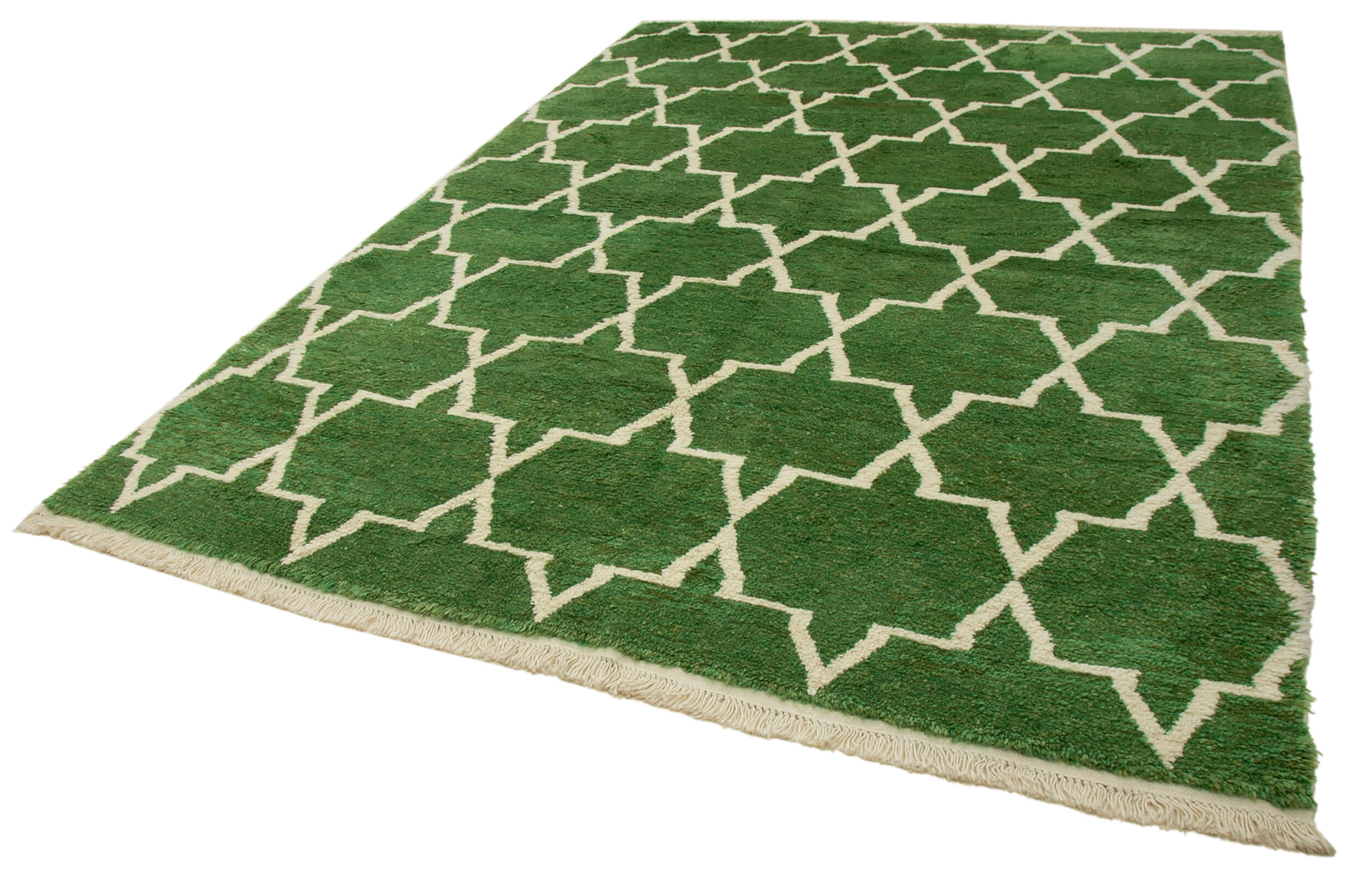 Handmade Wool Cotton Rug - Green Geometric Area Rug | Vintage Turkish Carpet
